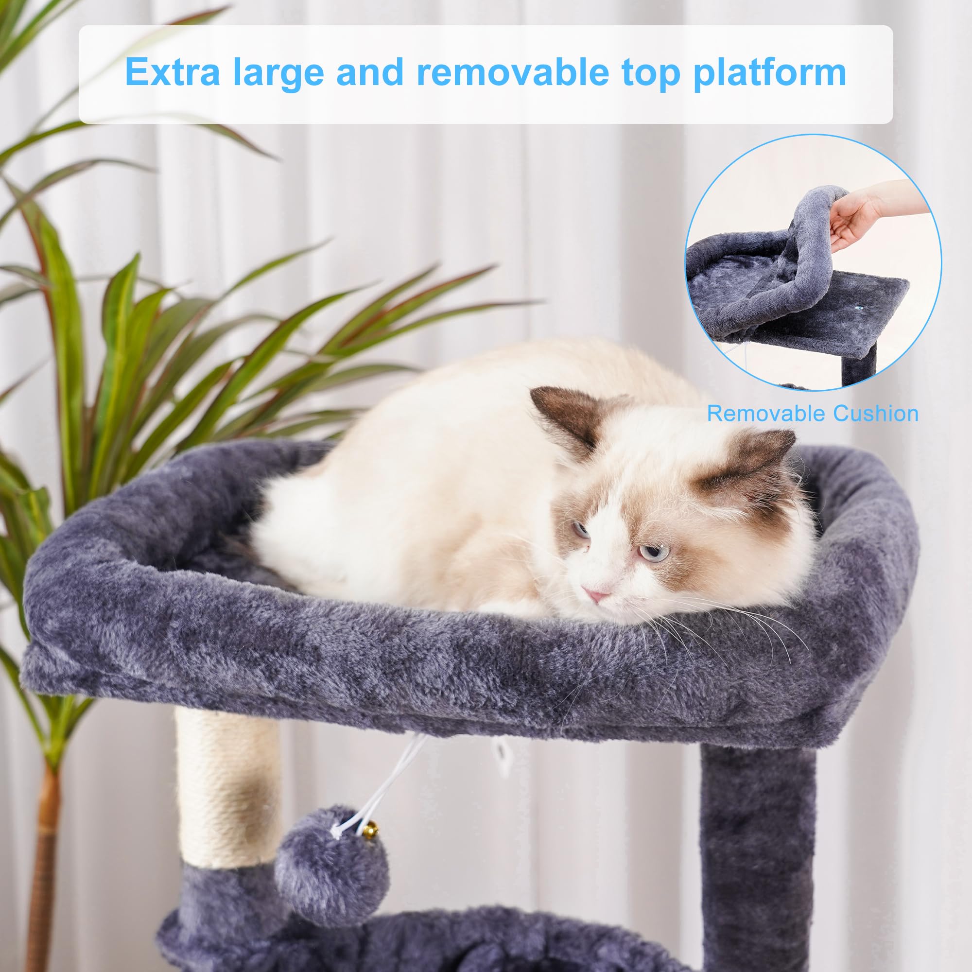 Hey-Brother Cat Tree, Cat Tower For Indoor Cats, Cat House With Large Padded Bed, Cozy Condo, Hammocks, Sisal Scratching Posts, Big Scratcher, Smoky Gray Mpj006Sg