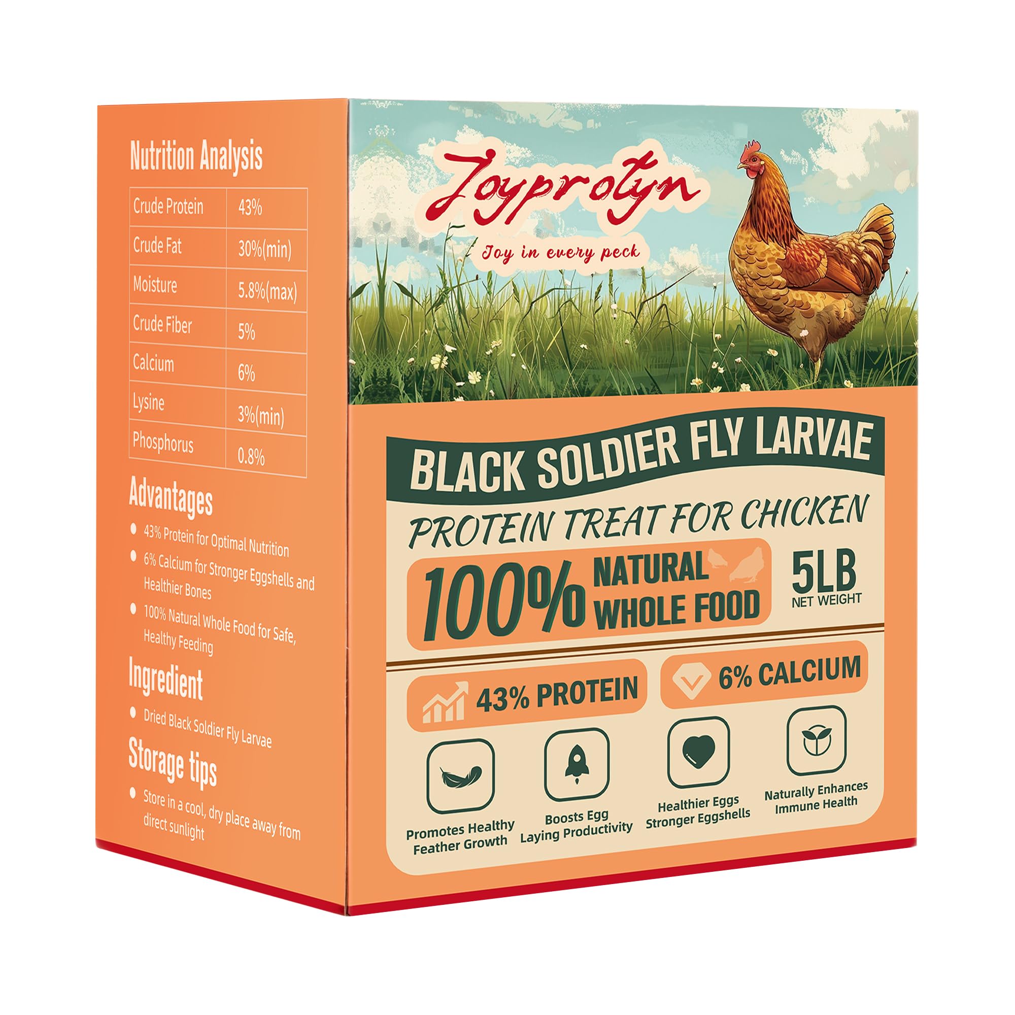 Joyprotyn 5LB Non-GMO Dried Black Soldier Fly Larvae for Chicken - 85X More Calcium Grubs Than Mealworms for Strong Eggshells & 