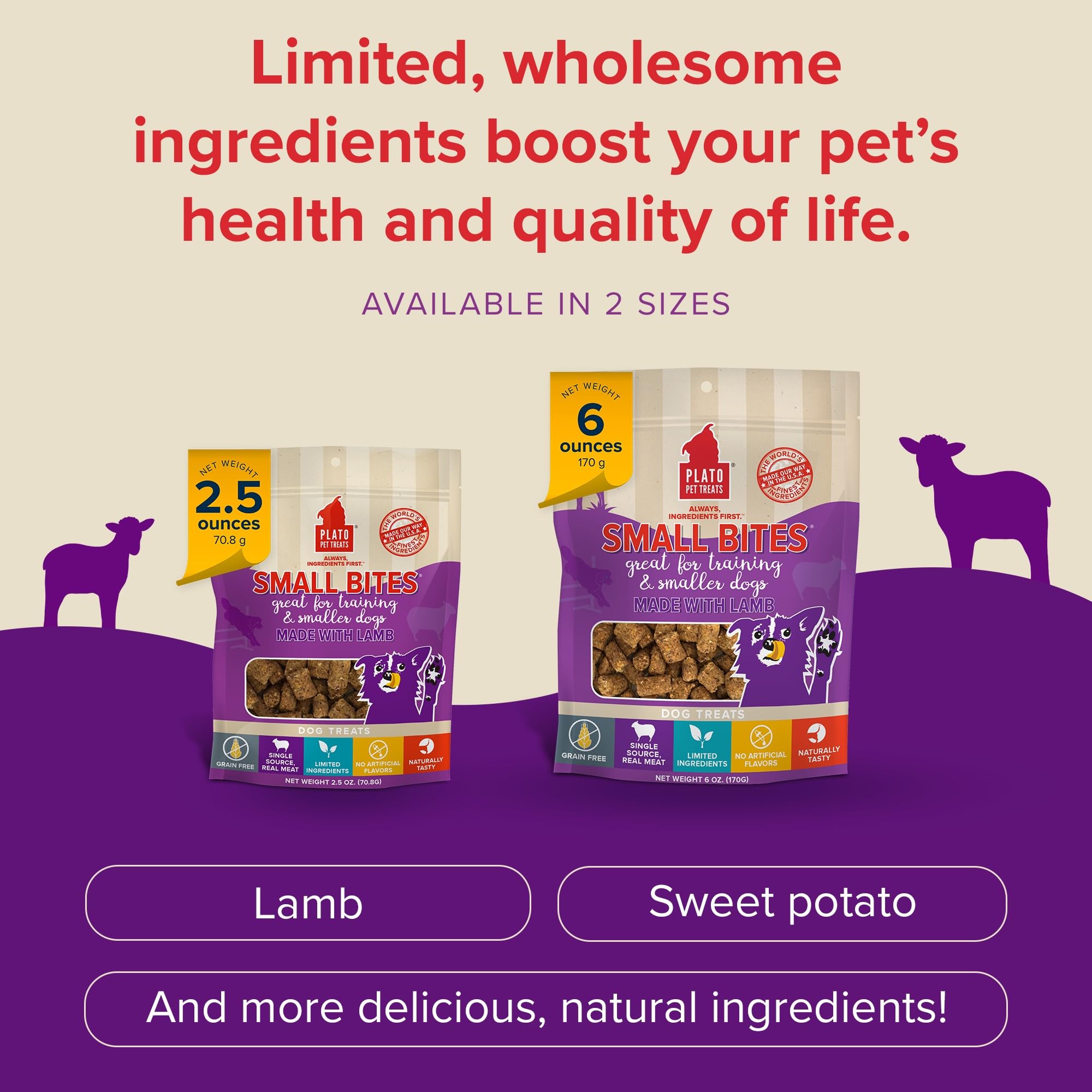 PLATO Pet Treats Small Bites - Air-Dried Training Treats for Dogs - Supports Healthy Digestion - Limited Ingredients - Lamb 6oz