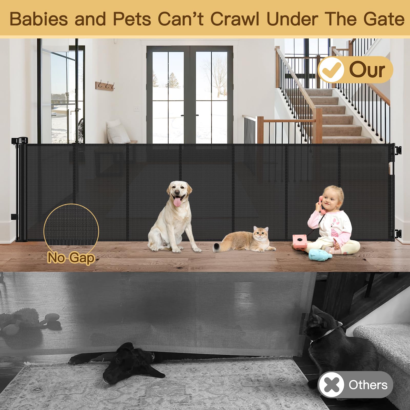 Reinforced 200 Inch Extra Wide Retractable Baby Gates to Prevent Crawling Through, Indoor/Outdoor Baby Gates for Decks, 16 ft Me