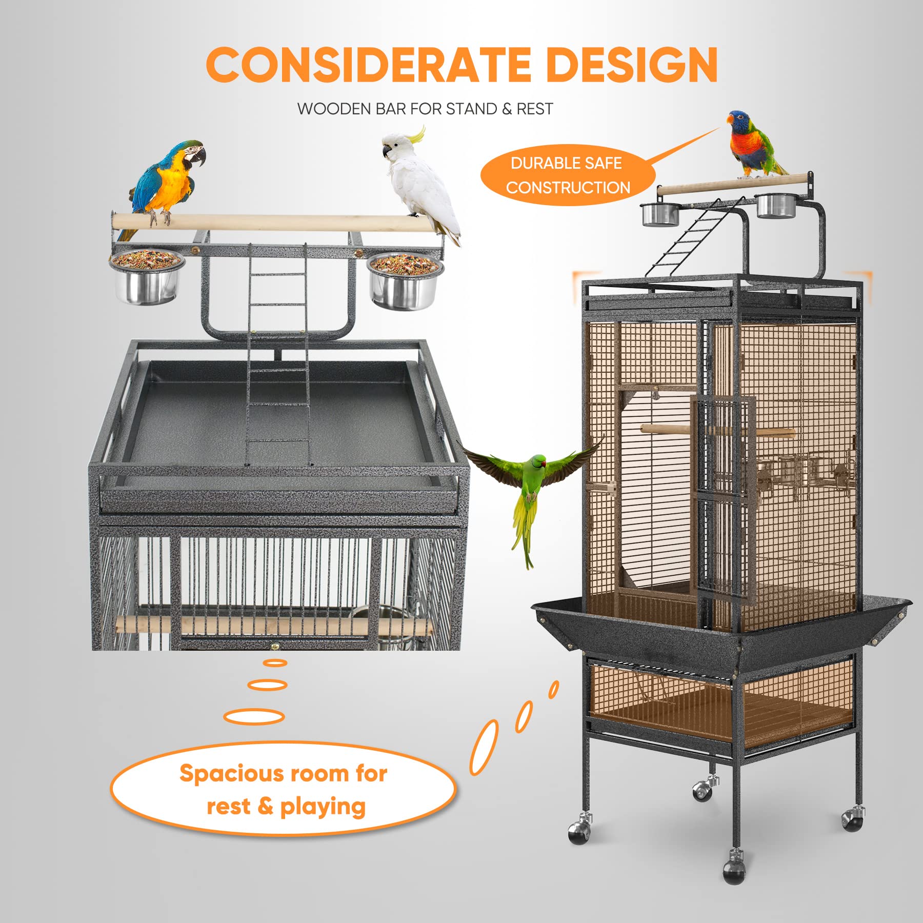 SUPER DEAL 61" 2-in-1 Large Wrought Iron Bird Cage with Rolling Stand - Black, Model 920 for Parrots, Finches, and Cockatoos