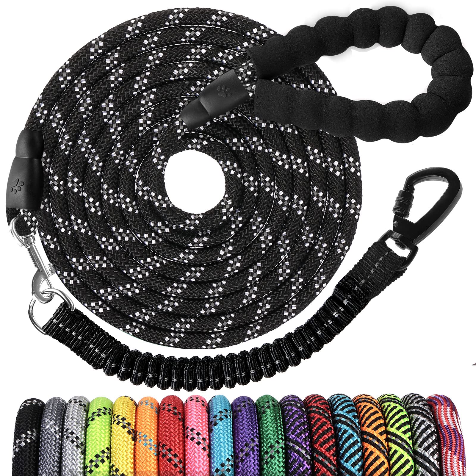 Long Dog Leash 80 FT: Heavy Duty Rope Leashes for Dogs Training with Swivel Lockable Hook Reflective Threads Bungee and Padded H