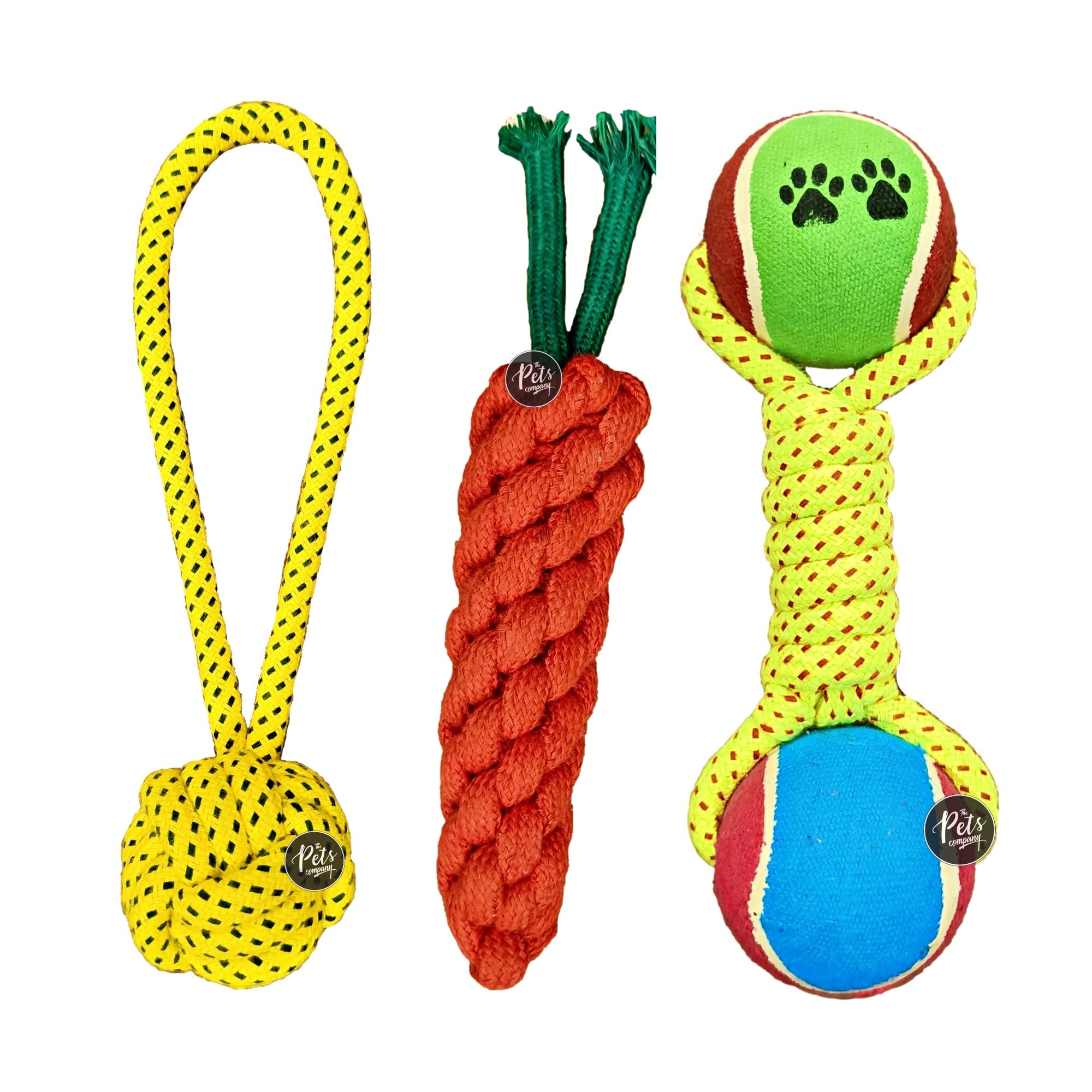 The Pets Company Dog Chew Toys For Puppy Teething & Training (Tug Ball + Carrot + Tennis Ball), Dog Rope Toy Combo Of 3 For Smal