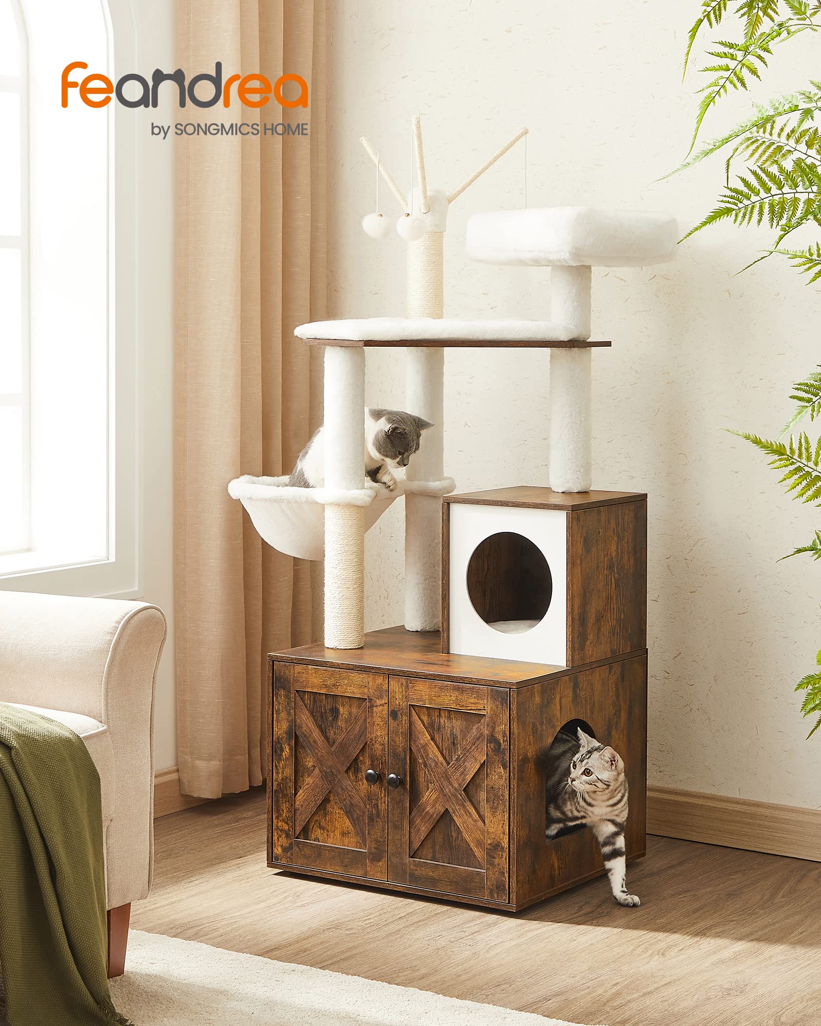 FEANDREA Cat Tree with Litter Box Enclosure, 22.6"x19.7"x55.1", Rustic Brown, 2-in-1 Design, Plush Material, Scratching Posts