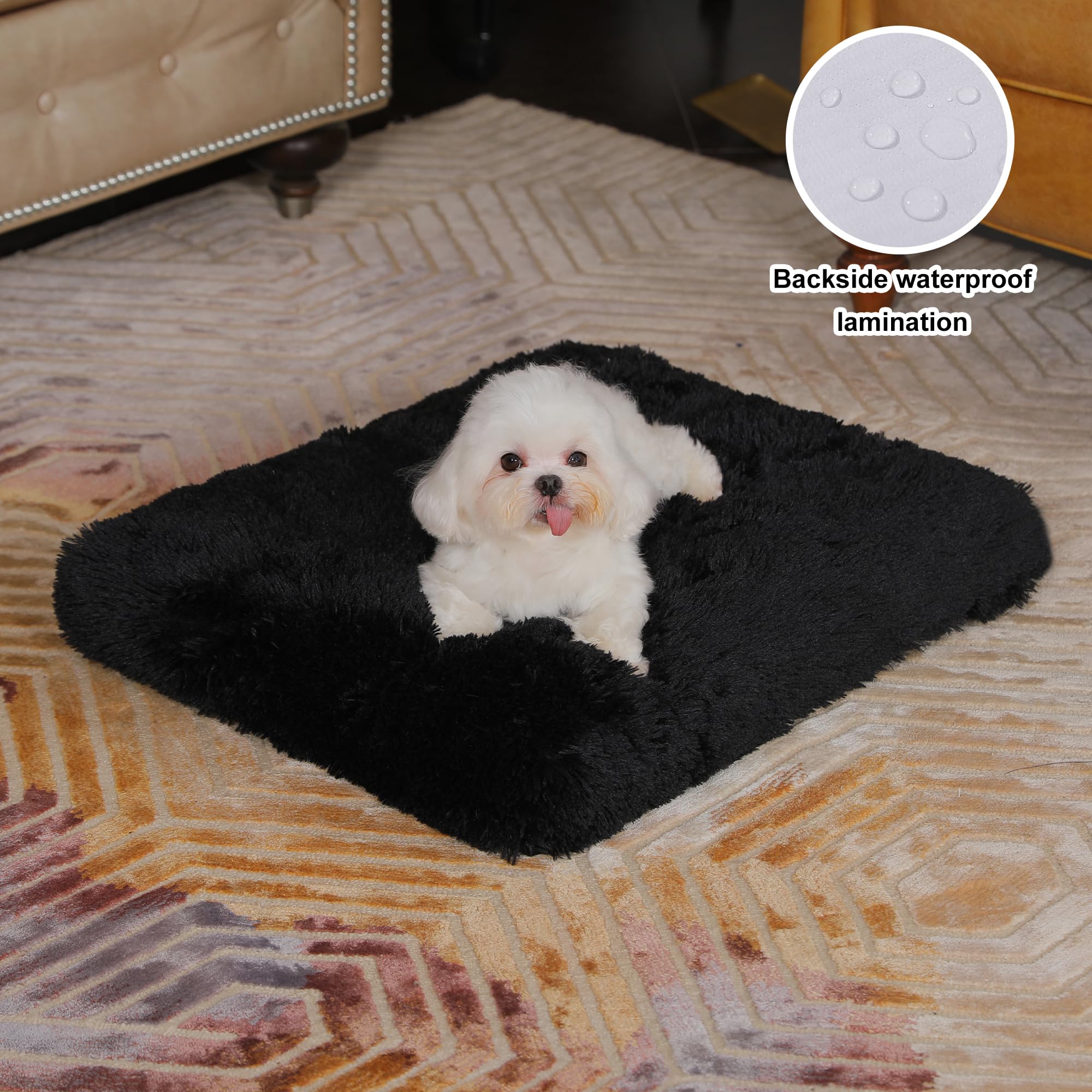 Bedfolks Plush Dog Crate Pad, Washable Dog Kennel Bed, Faux Fur, 17''X12'', Black