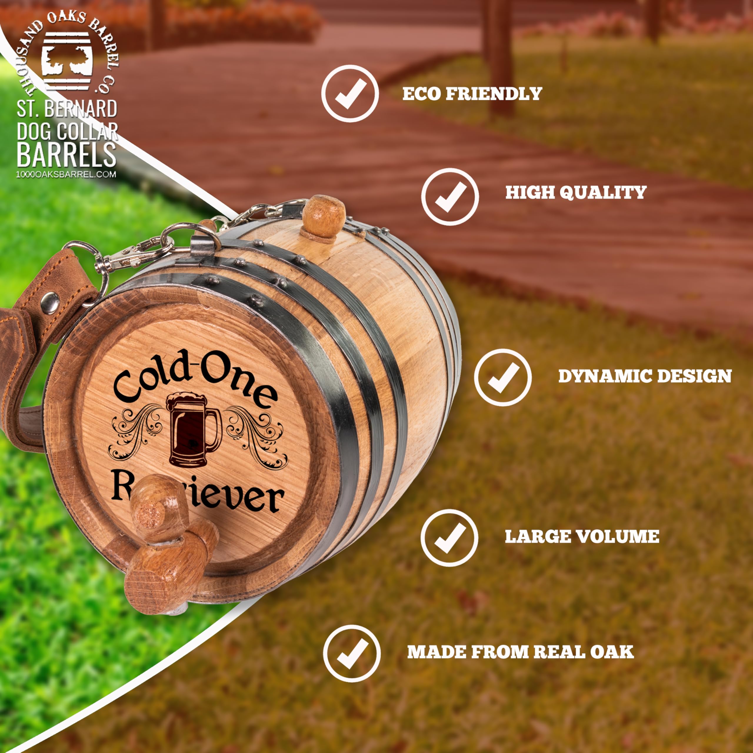 THOUSAND OAKS BARREL St Bernard Whiskey Barrel Dog Collar - 1/2 Liter Oak Aging Dispenser with Adjustable Leather Strap