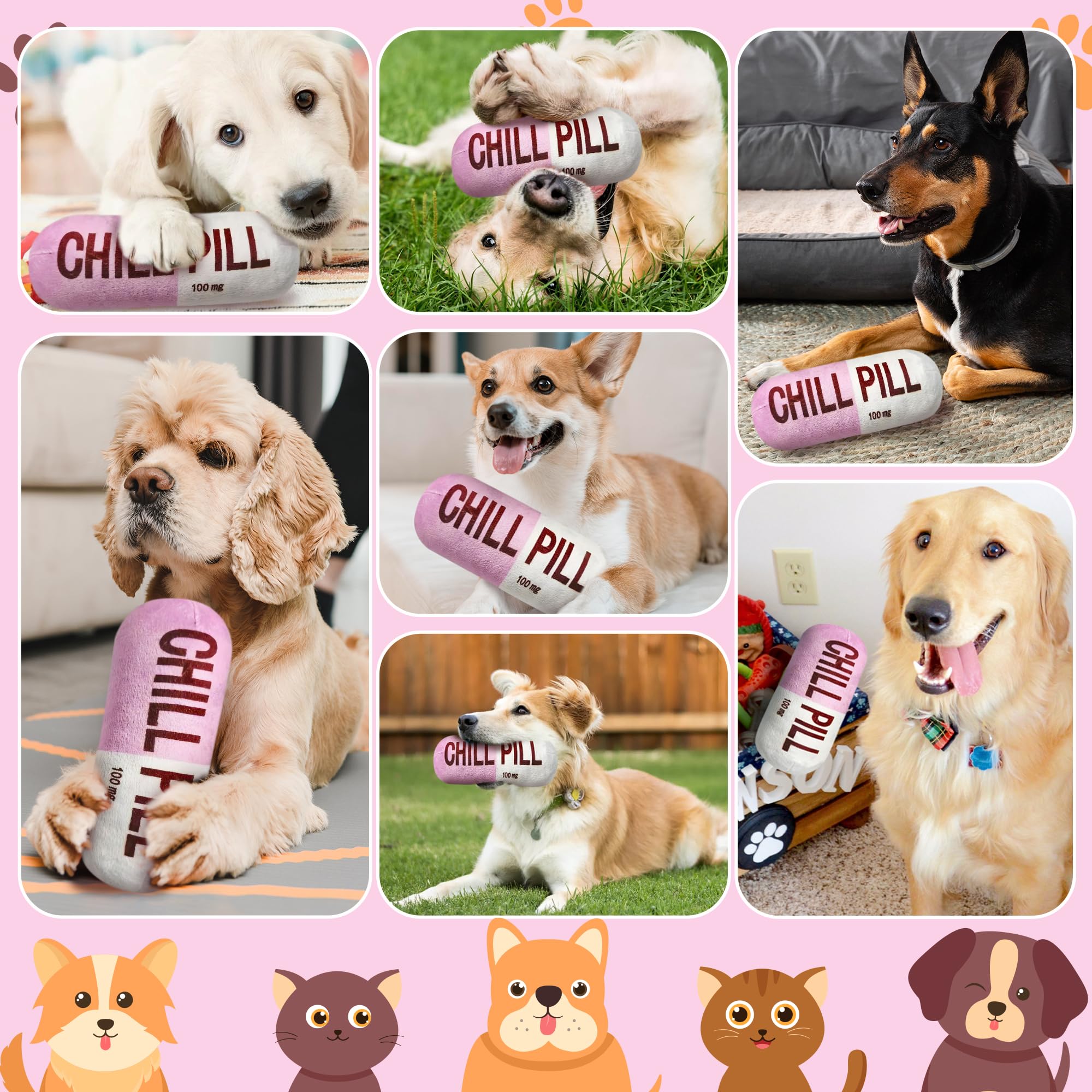 Cuweipeng Funny Dog Squeaky Toy - Pink Chill Pill Capsule Shaped Teething Squeak Plush Pet Toy Bite Kick Indoor Interactive Trai