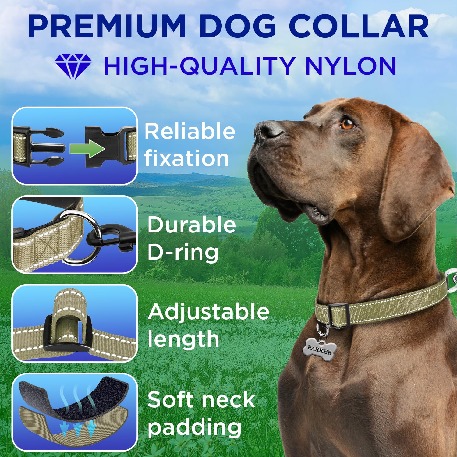 Teceum Reflective Pet Collar - Olive - L - Extra Soft Padding - Basic Nylon Dog Collar - Quick Release Buckle - Fits Small, Medi