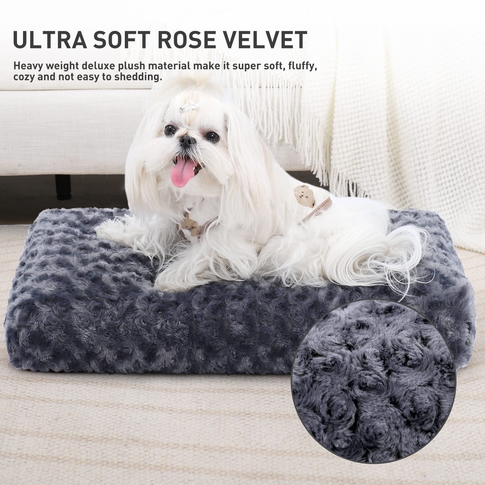 Washable Dog Bed Deluxe Plush Dog Crate Beds Fulffy Comfy Kennel Pad Anti-Slip Pet Sleeping Mat For Large, Jumbo, Medium, Small Dogs Breeds, 21' X 13', Dark Grey