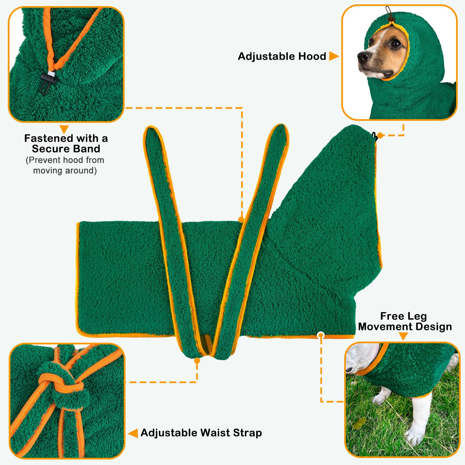 Bienbee Soft Dog Bathrobe,Super Absorbent & Quick-Drying Dog Robe With Hood, Cozy Drying Coat For After Bath, Green Xl