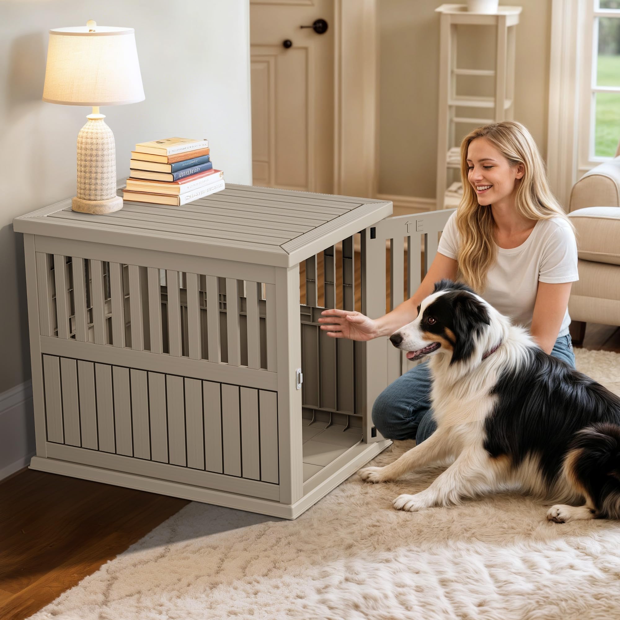 YITAHOME Plastic Dog Crate - Waterproof Indoor Kennel, Nightstand & Side Table for Small to Medium Dogs, Brown, Model MAYIH4pLiX