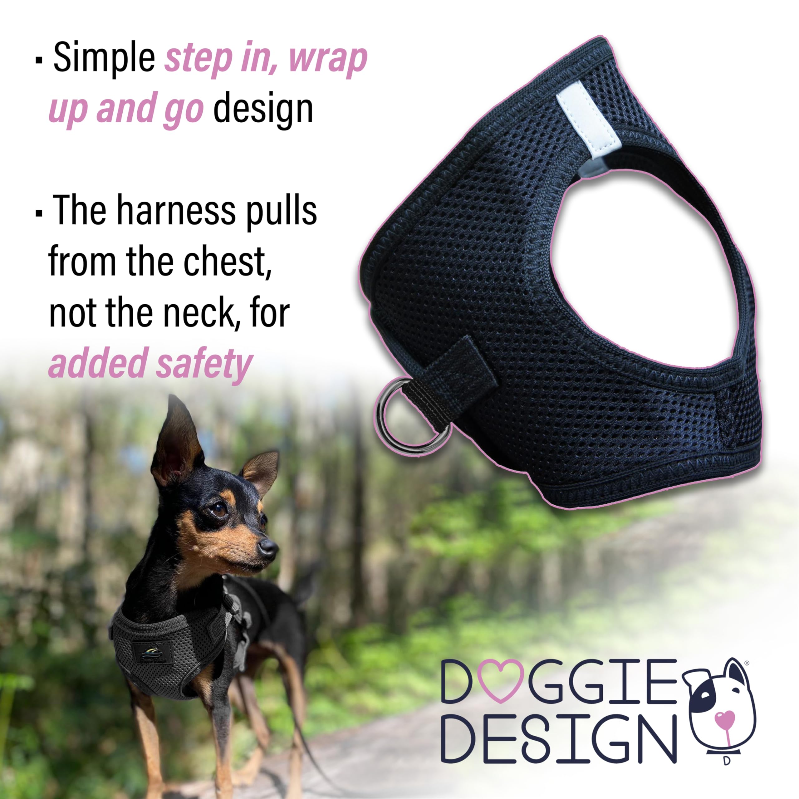 Doggie Design Dog Harness - No Choke Dog Harness, Dog Vest, Mesh Polyester, Pet Harness, Simple Step In And Go Design, Harness For Dog - Black, M