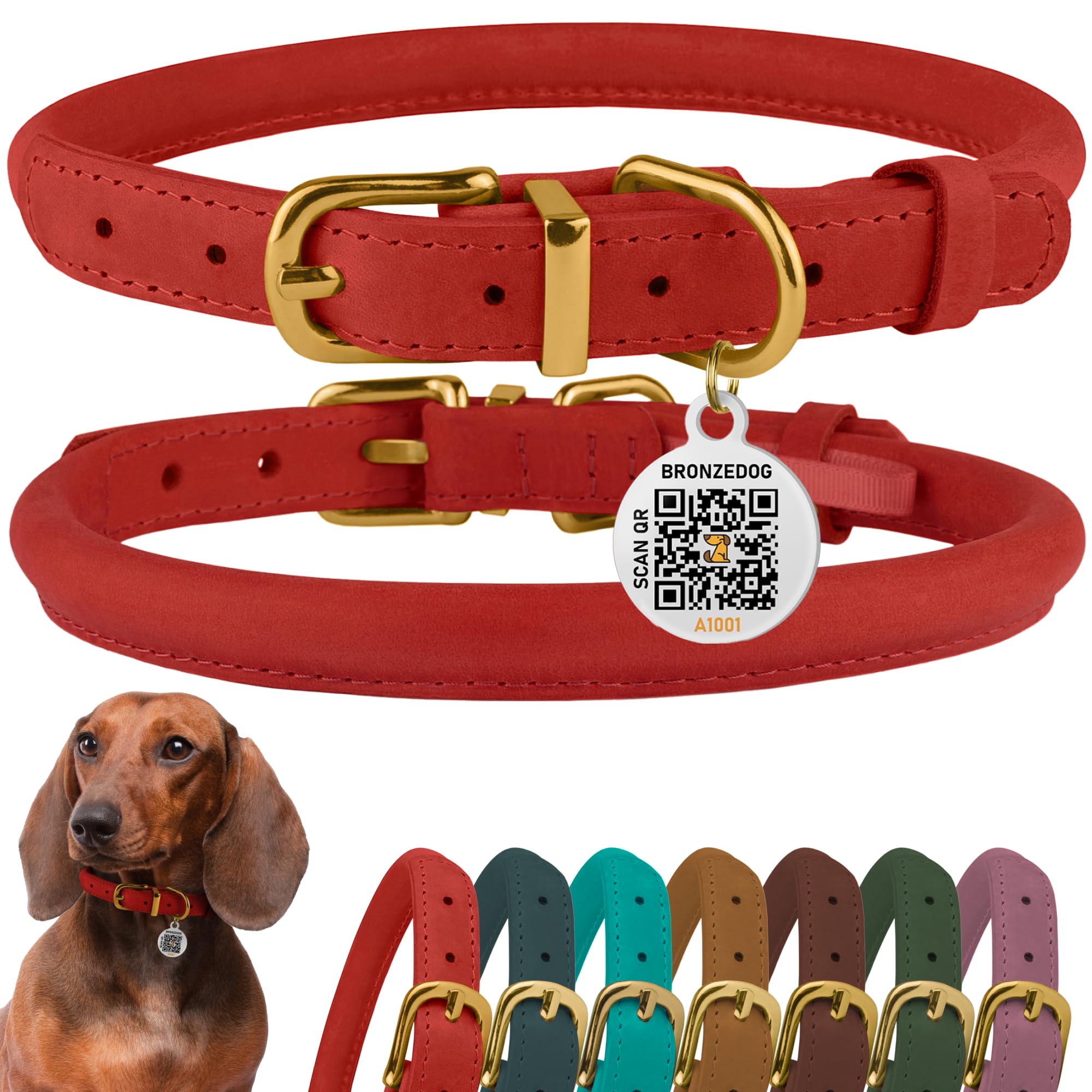 Bronzedog Rolled Leather Dog Collar With Qr Id Tag, Adjustable Soft Round Collars For Small Medium Large Dogs Puppy (7' - 10' 