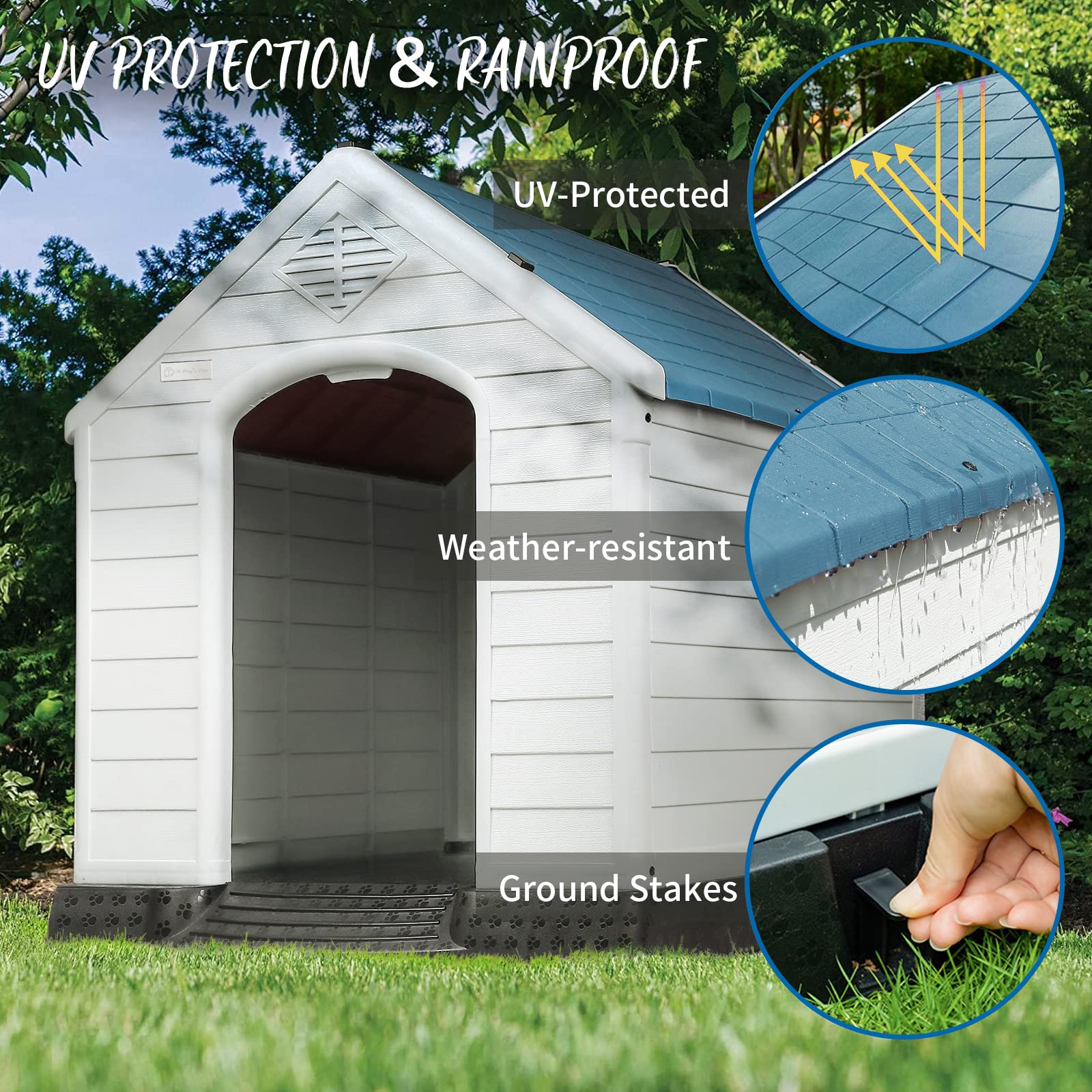 PUKAMI Plastic Dog House for Small Medium Large Dogs, Waterproof, Elevated Floor, Blue, 34inch, Model PUK01