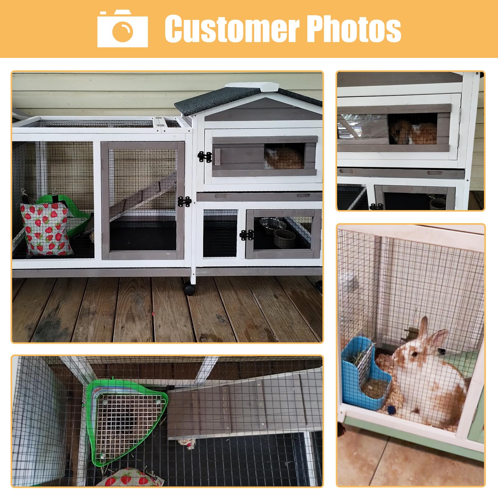 Petscosset 57'' L Rabbit Hutch Indoor Outdoor 2 Story Large Bunny Hutch With Run Guinea Pig Cage Wooden Rabbit Cage With Removab