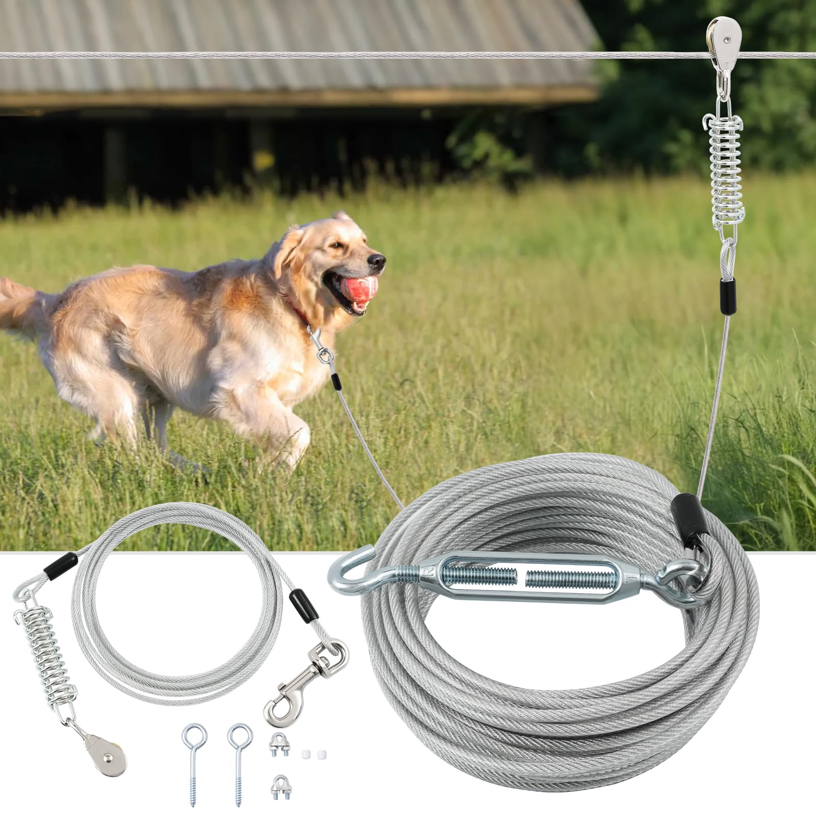 Luffwell Dog Runner - 50Ft Lead With 15Ft Pulley, Heavy Duty For Dogs Up To 250Lbs, Silver