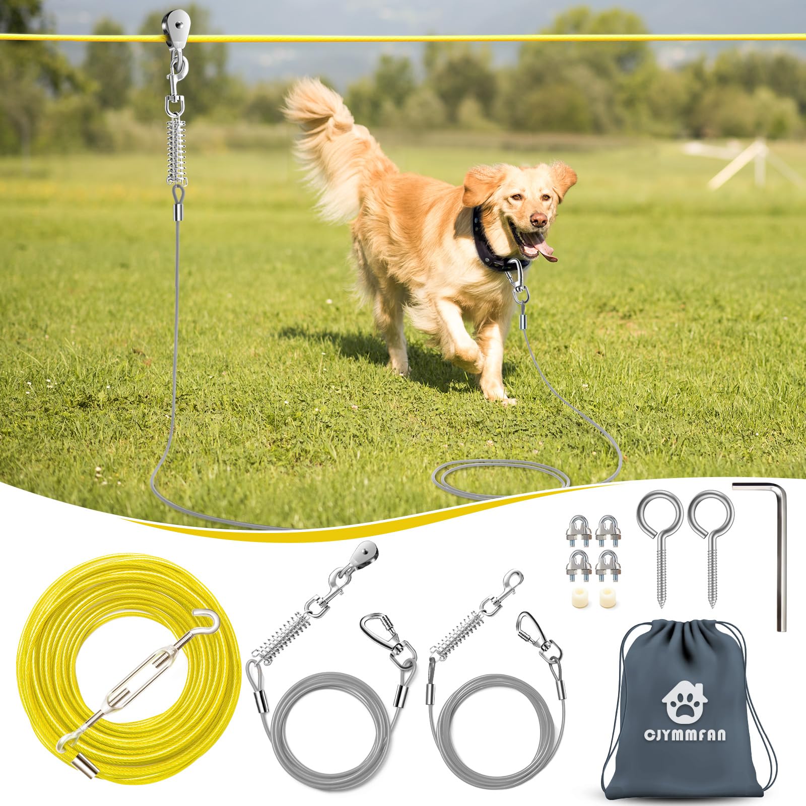 Professional Dog Runner Trolley System,Heavy Duty & Adjustable 100Ft Dog Zip Line With 10Ft & 15Ft Tie Out For Large Dogs Up To 