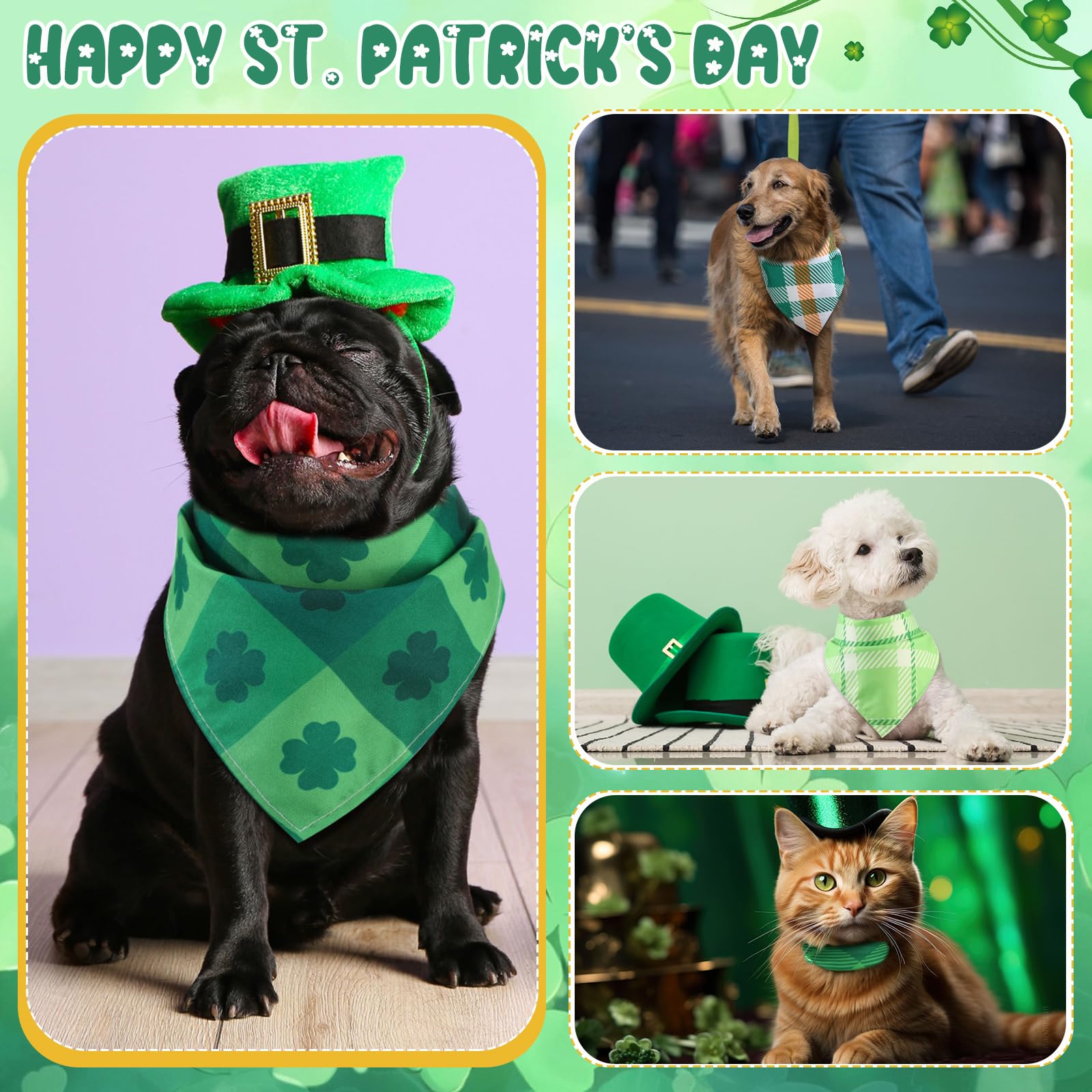 Sweetude 60 Pcs St Patrick'S Day Plaid Dog Bandanas Bulk St Patrick'S Pet Scarf Bibs Adjustable Washable Kerchief Holiday Pet Co