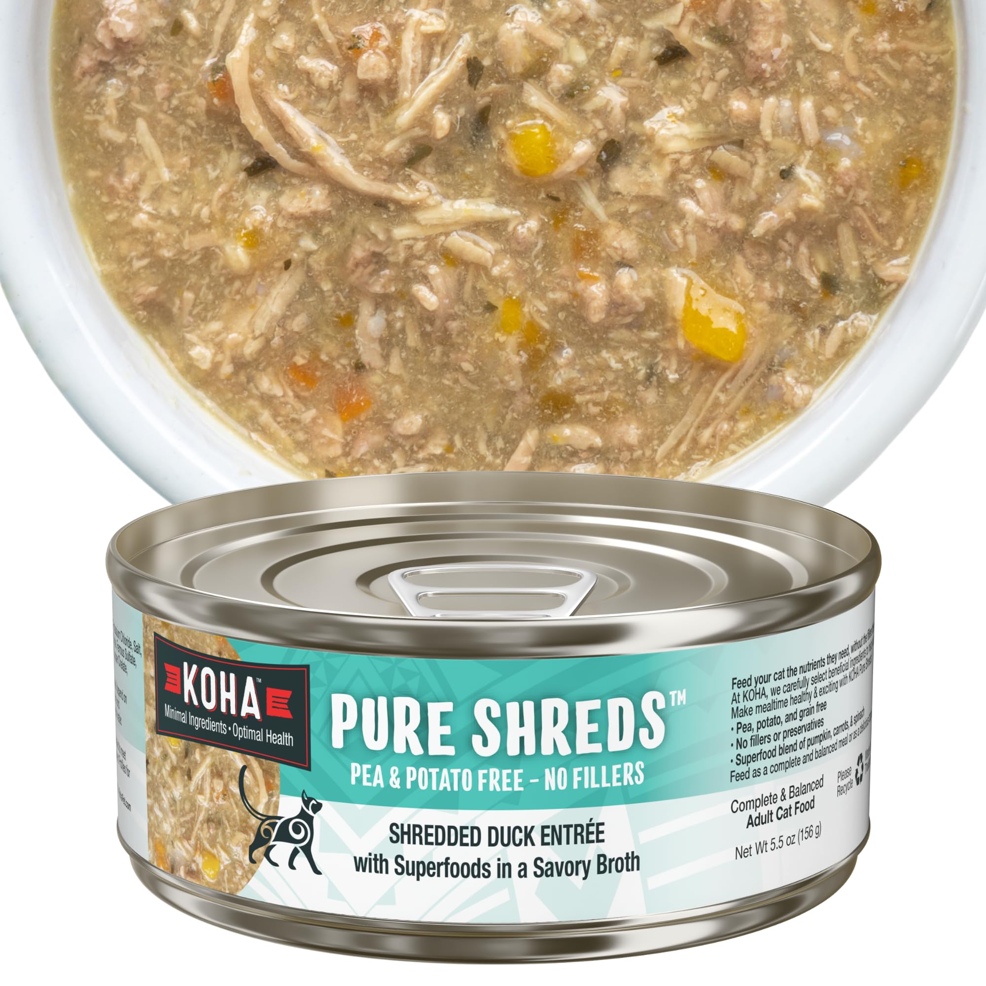 KOHA Pure Shreds Duck Entr  e for Cats, Single Meat High Protein Wet Cat Food, 5.5oz Cans (Pack of 12)