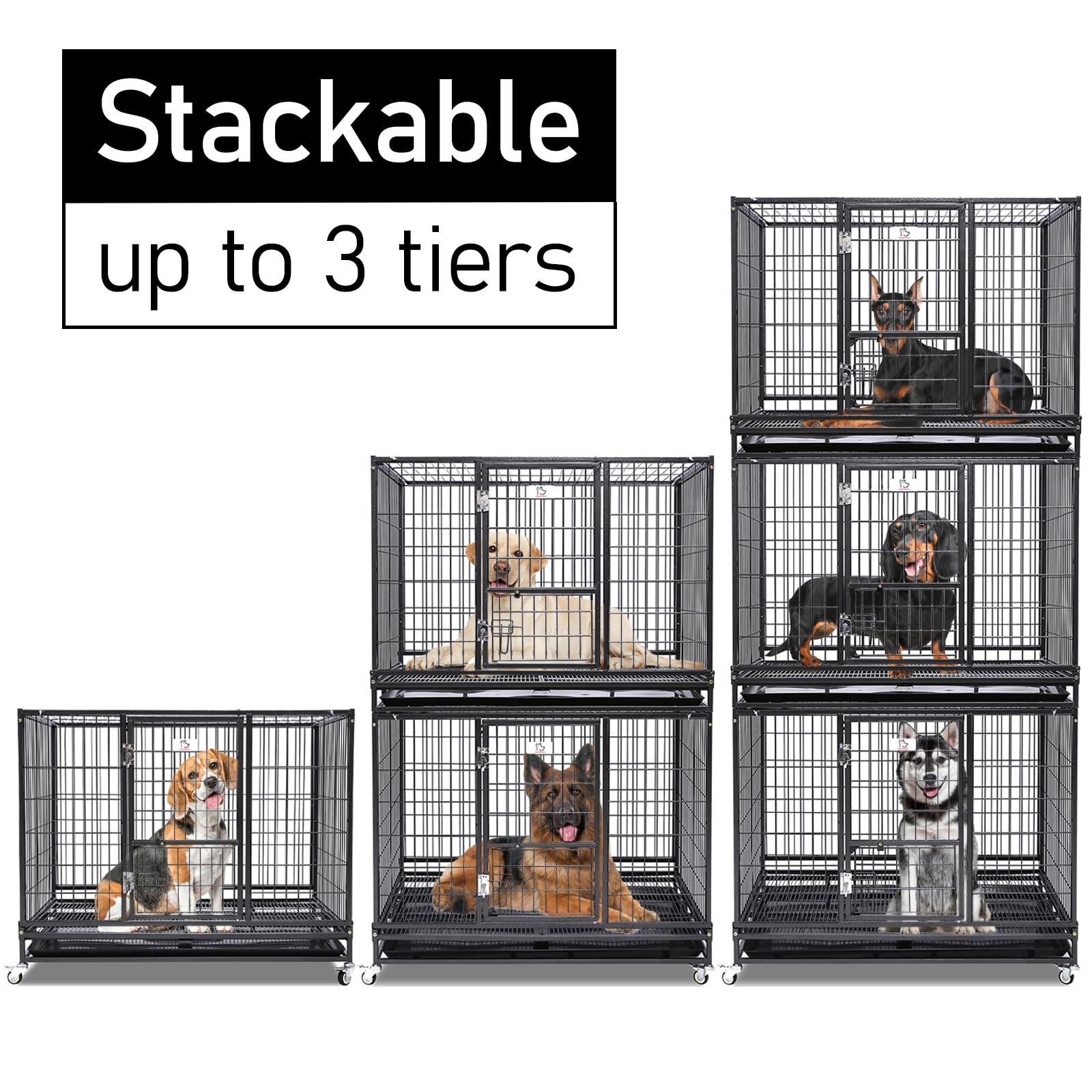 Homey Pet 43 Stackable and Collapsible Heavy Duty Dog Crate Cage Kennel with Feeding Door, Four Lockable Casters, Removable Tray