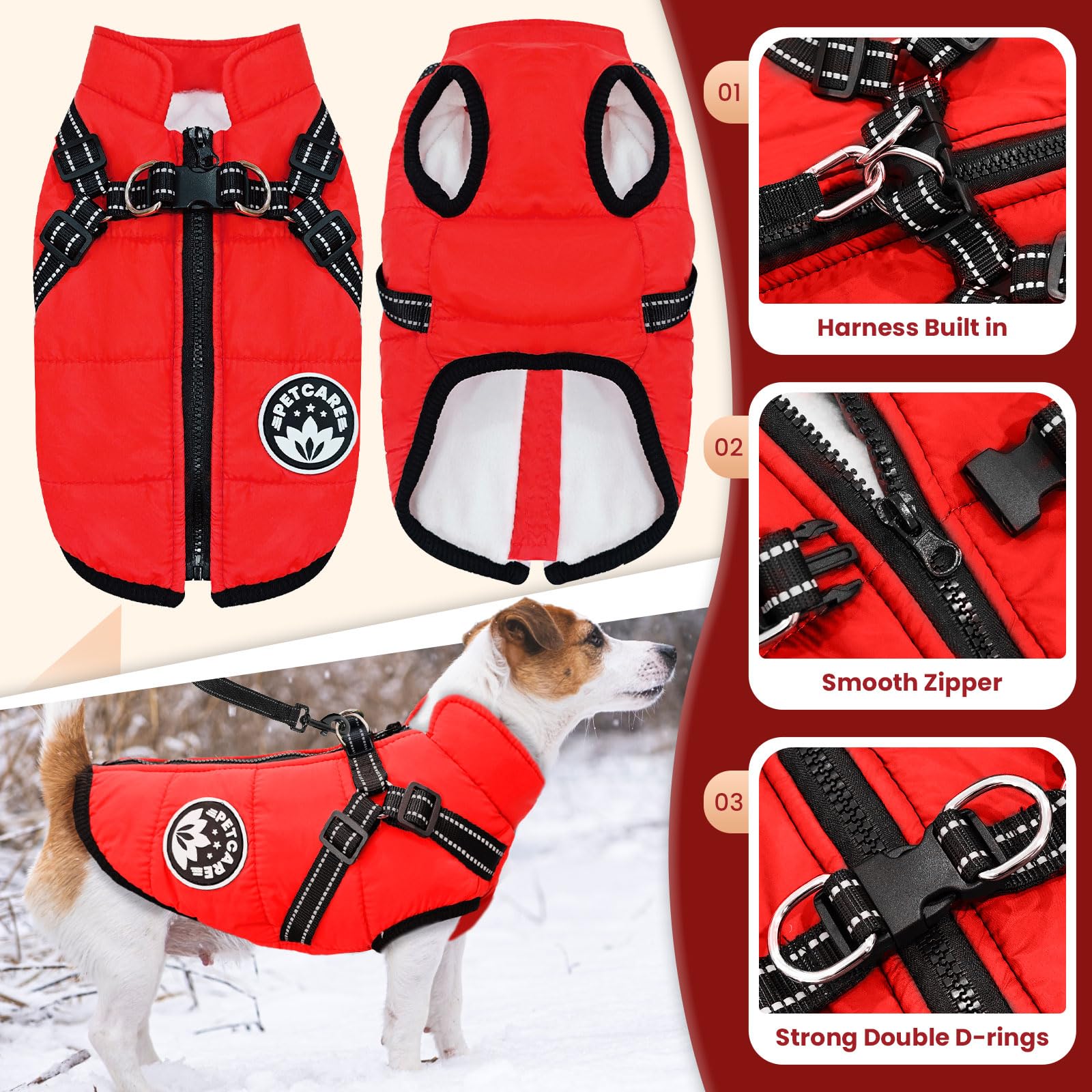 Petcare Winter Dog Coat With Harness - Built-In Waterproof Jackets, Warm Fleece Vest, Windproof Snowsuit, Reflective, Cold Weath