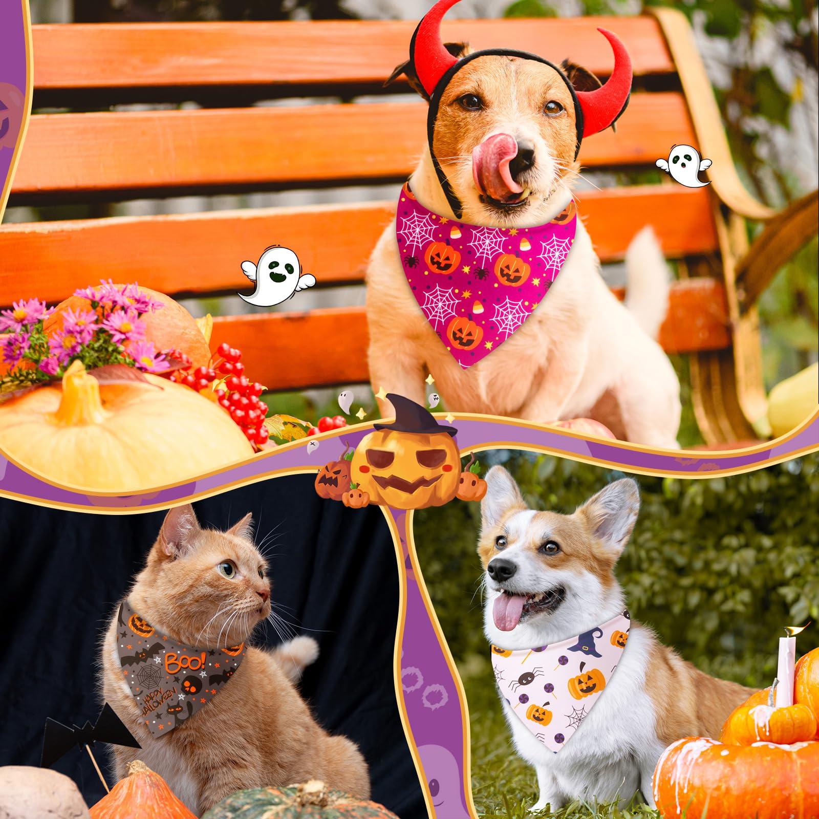 Preboun 50 Pcs Halloween Dog Bandanas Bulk Pumpkin Ghost Bandanas for Dogs Colorful Triangle Kerchief Bibs Scarf Set for Pet Cos