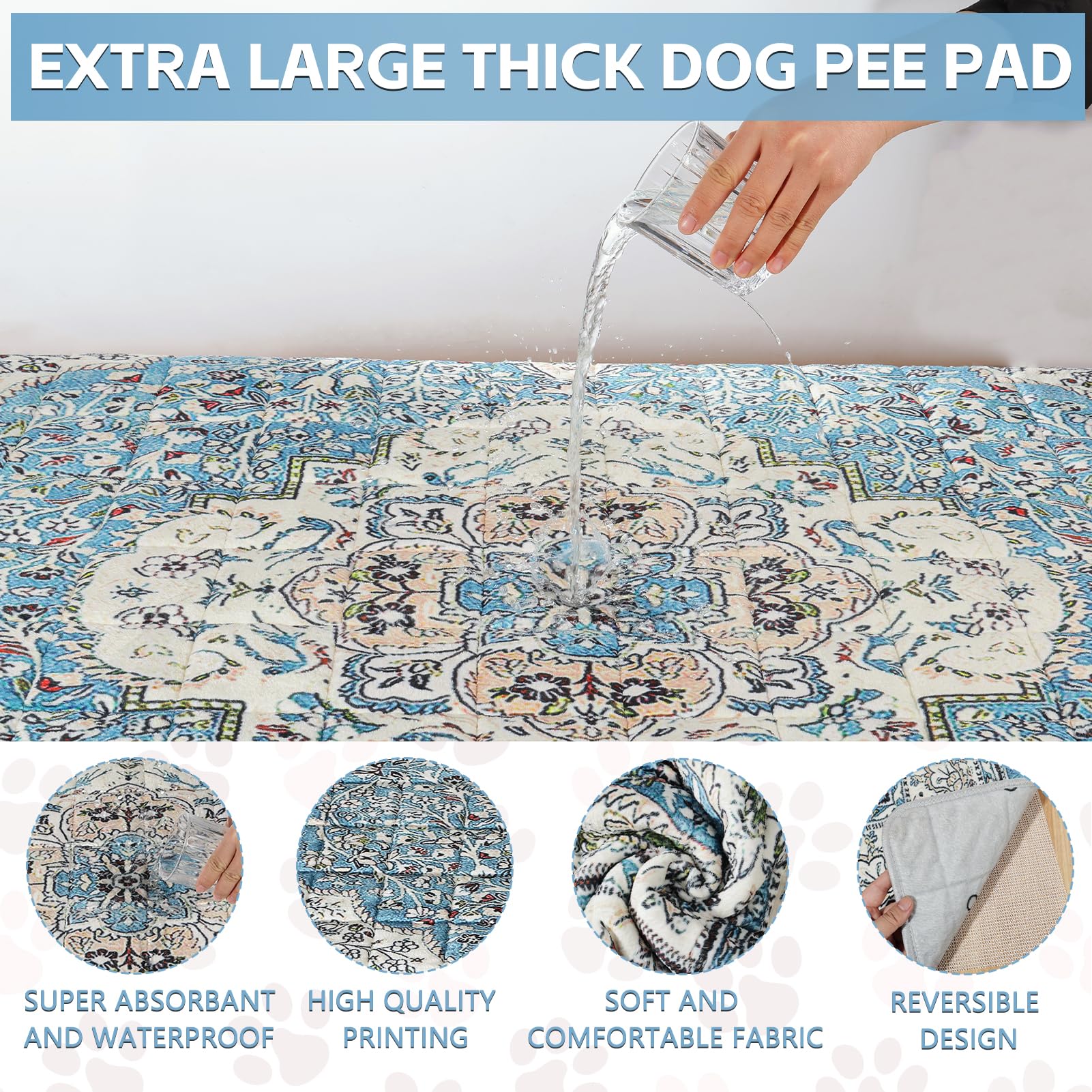 AIHSUMC Extra Large Washable Dog Pee Pads, 72"x72", Non-Slip, Thickened, Leakproof, Blue-1, Reusable Puppy Training Pads