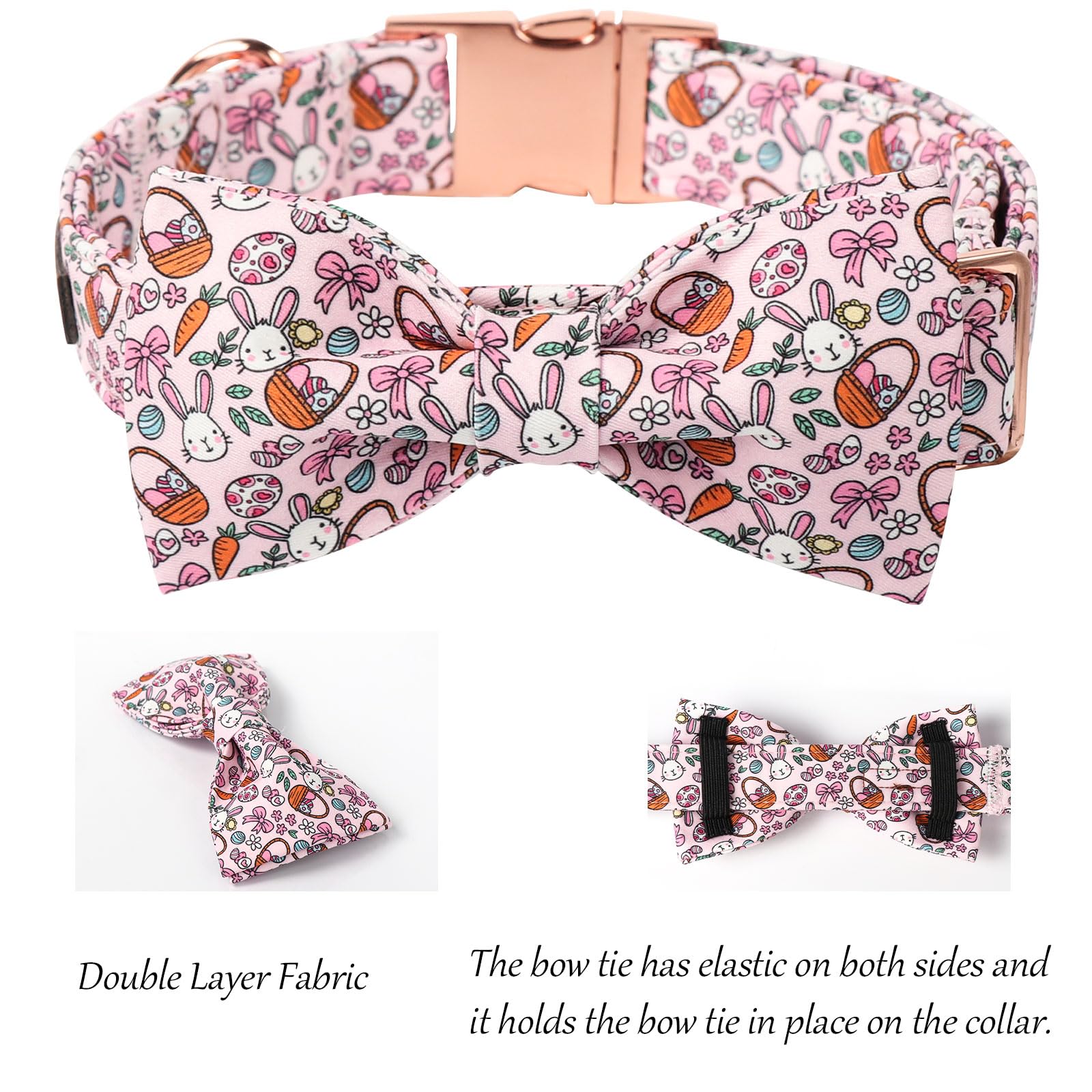 Lionet Paws Easter Dog Collar, Pink Rabbit Dog Collar For Medium Dogs With Bowtie, Adjustable Cotton Eggs Bowtie Pet Collars For