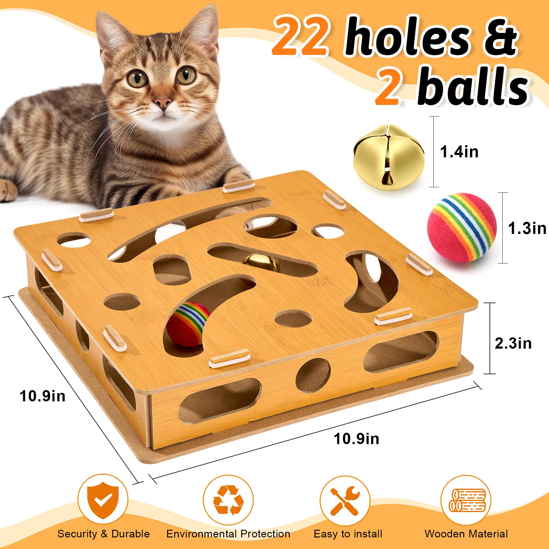 Bininl Interactive Wooden Cat Puzzle Toy with Ball and Bell,Indoor Hunting Play Toy to Stimulate Your Cats Energy and Instincts,