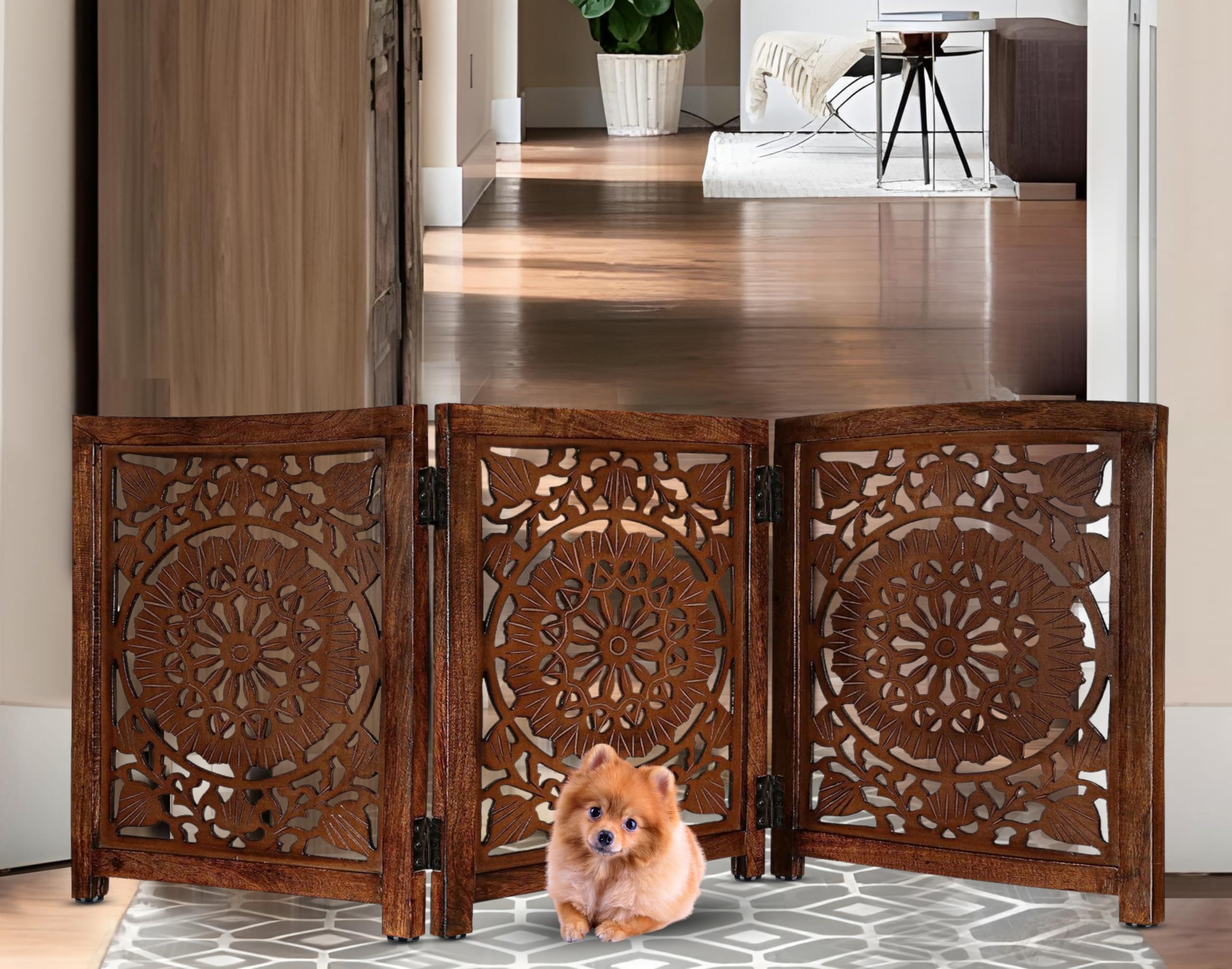 Lightnpro Carved Wooden Dog Gate - Freestanding Foldable Indoor Pet Gate, Extra-Wide Safety Barrier for Dogs & Puppies, Ideal fo