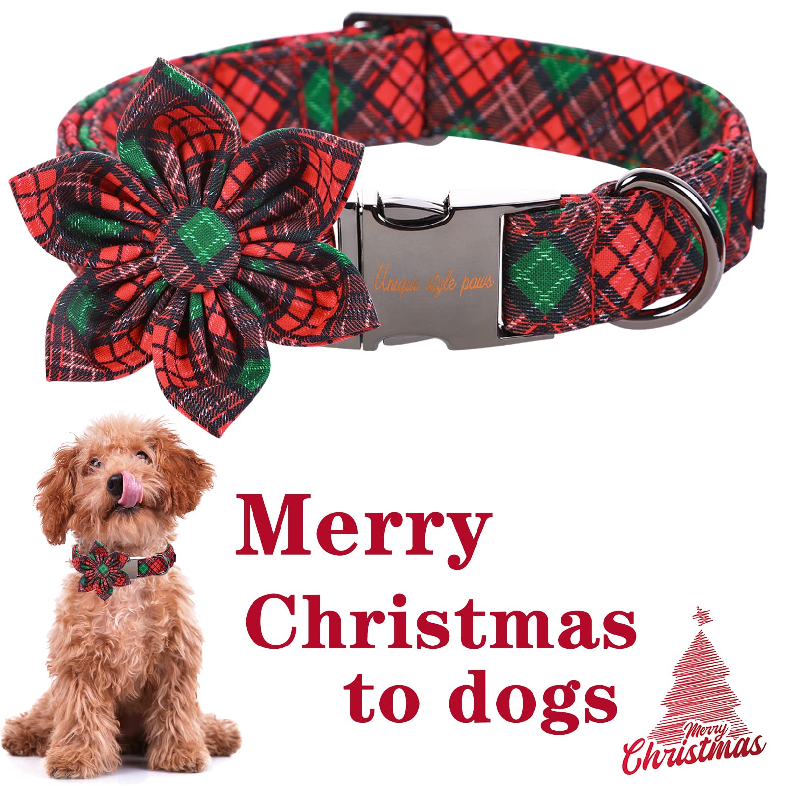 Unique Style Paws Christmas Dog Collar With Flower Tie Red Green Plaid Adjustable Cotton Puppy Collar For Small Medium Large Dogs-M