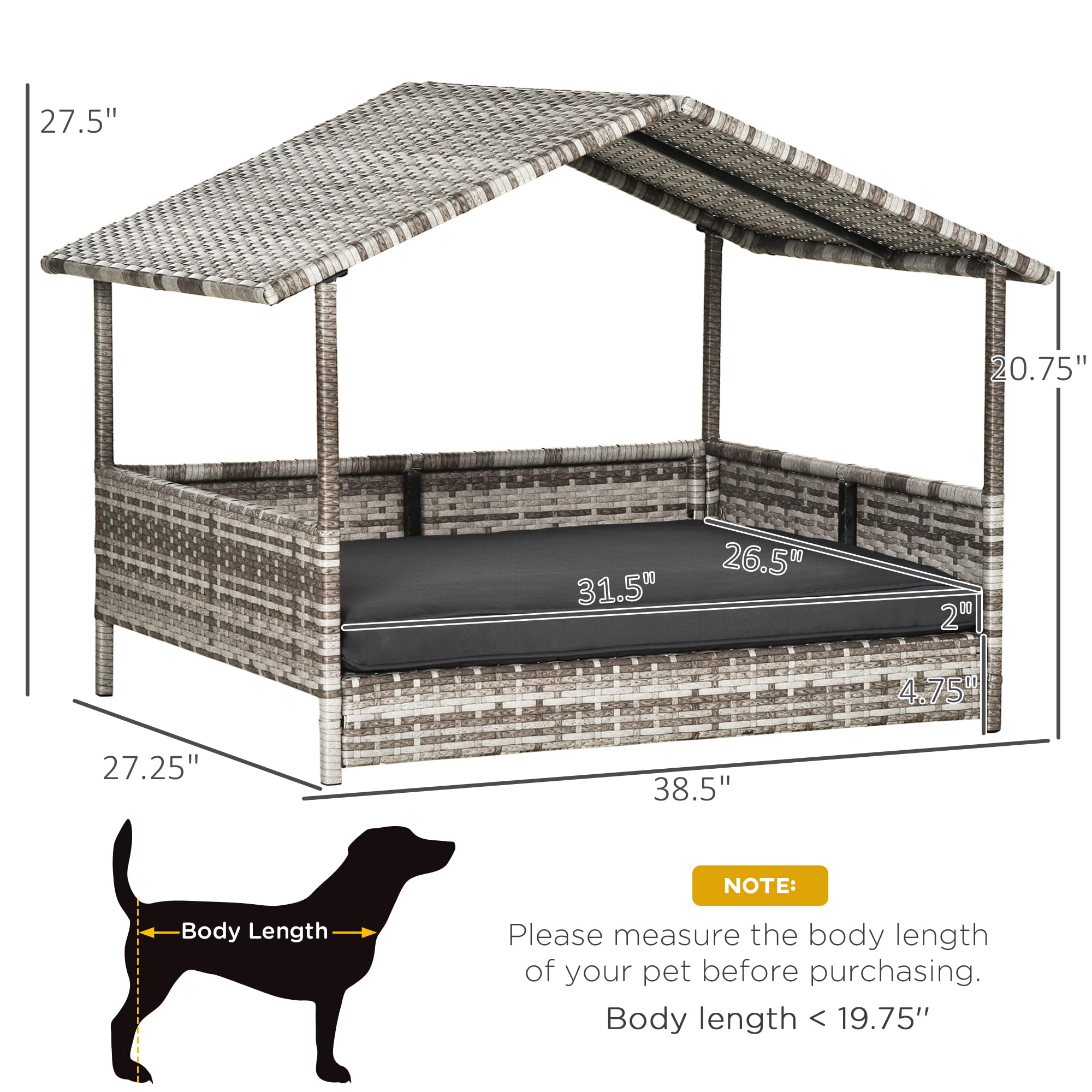 PawHut Wicker Dog House Elevated Raised Rattan Bed for Indoor/Outdoor with Removable Cushion Lounge, Charcoal Grey