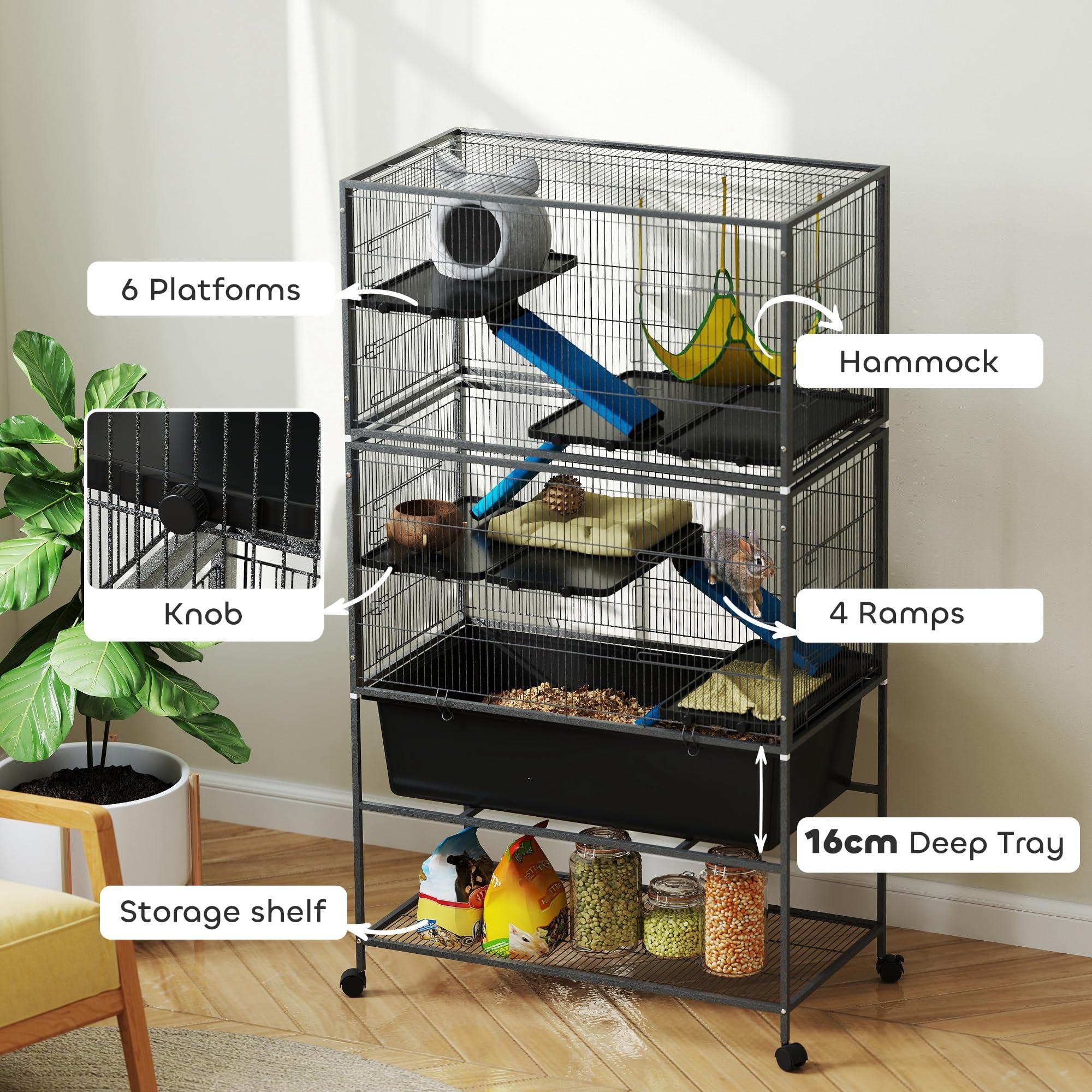 Pawhut 59' 5-Level Small Animal Cage, Rolling Ferret Chinchilla Cage With Slide Out 6.3' Deep Tray, Non-Slip Cloth Covered Ram