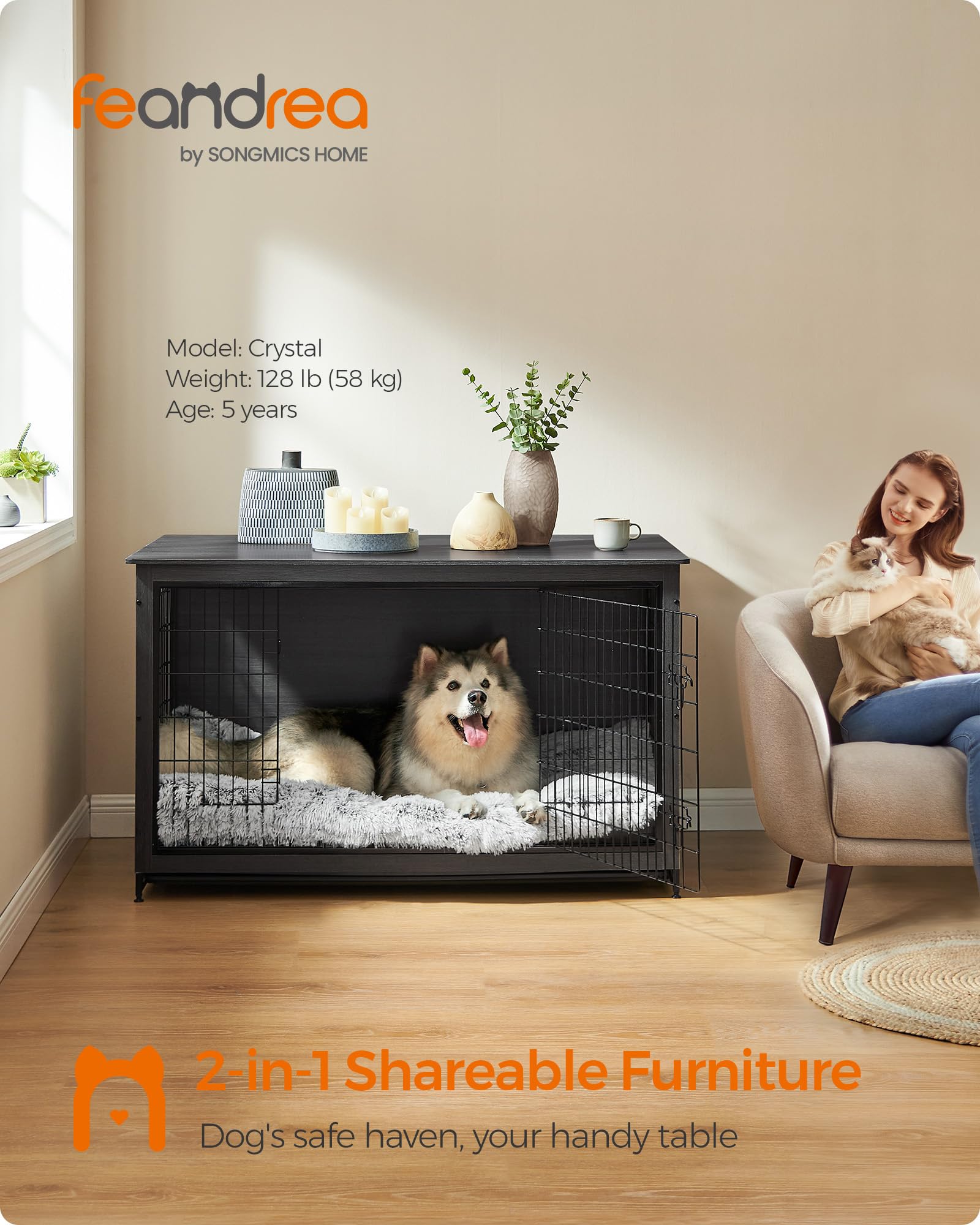 Feandrea XXL Dog Crate Furniture - Indoor Wood Kennel, 56.1"x33.7"x33.8", Ink Black, Engineered Wood, Model UPFC005B01
