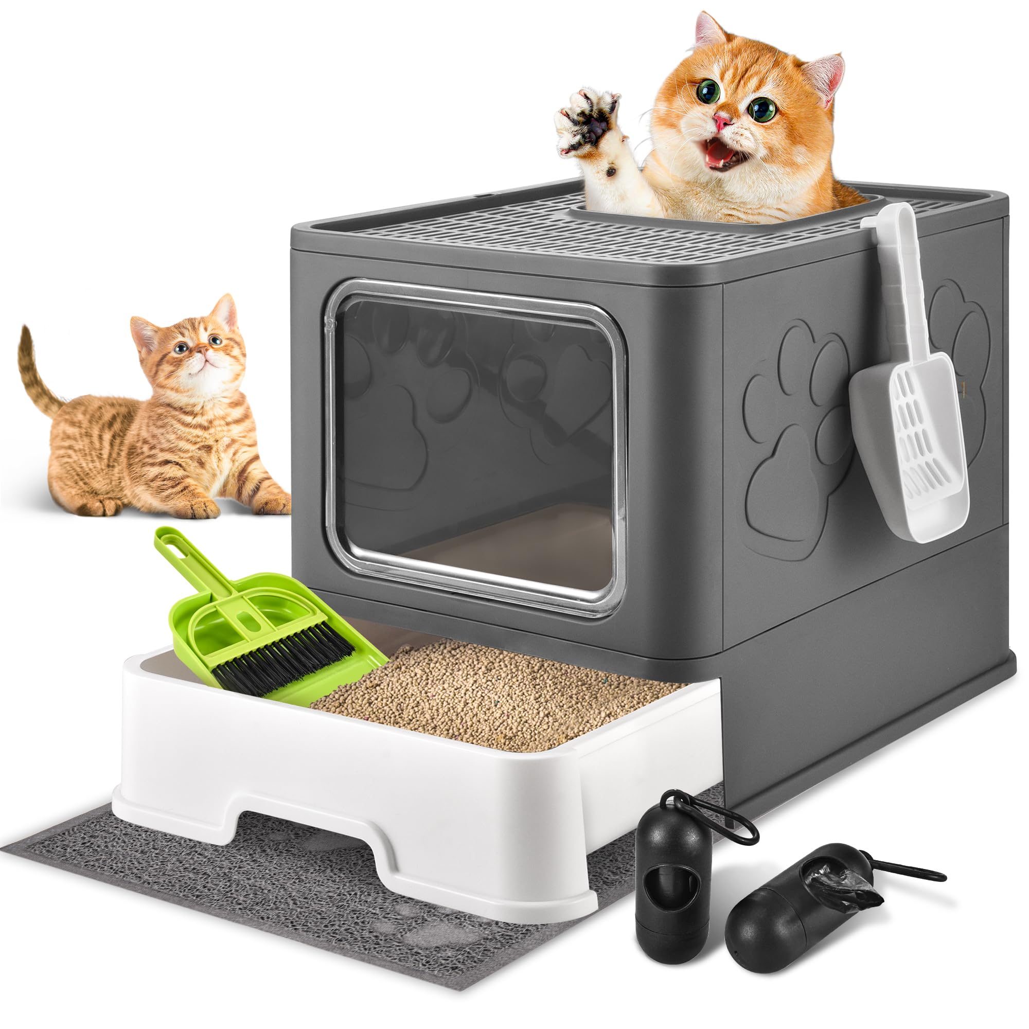 Homagico Cat Litter Box With Litter Mat, Foldable Extra Large Free In And Out/One-Way With Lid, Drawer Type Enclosed Kitty Litte