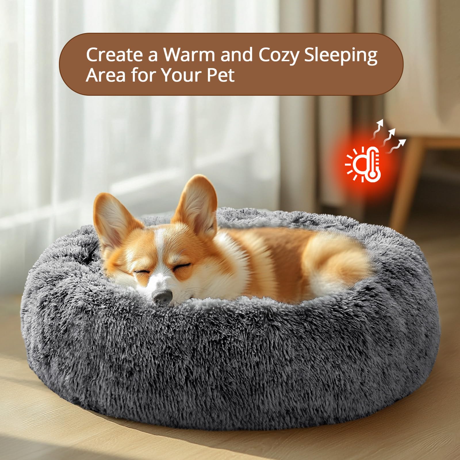 Jollyvogue Calming Dog & Cat Bed For Small Dogs, Anti-Anxiety Donut Cuddler Cozy Soft Round Bed With Anti-Slip Bottom, Fluffy Fa