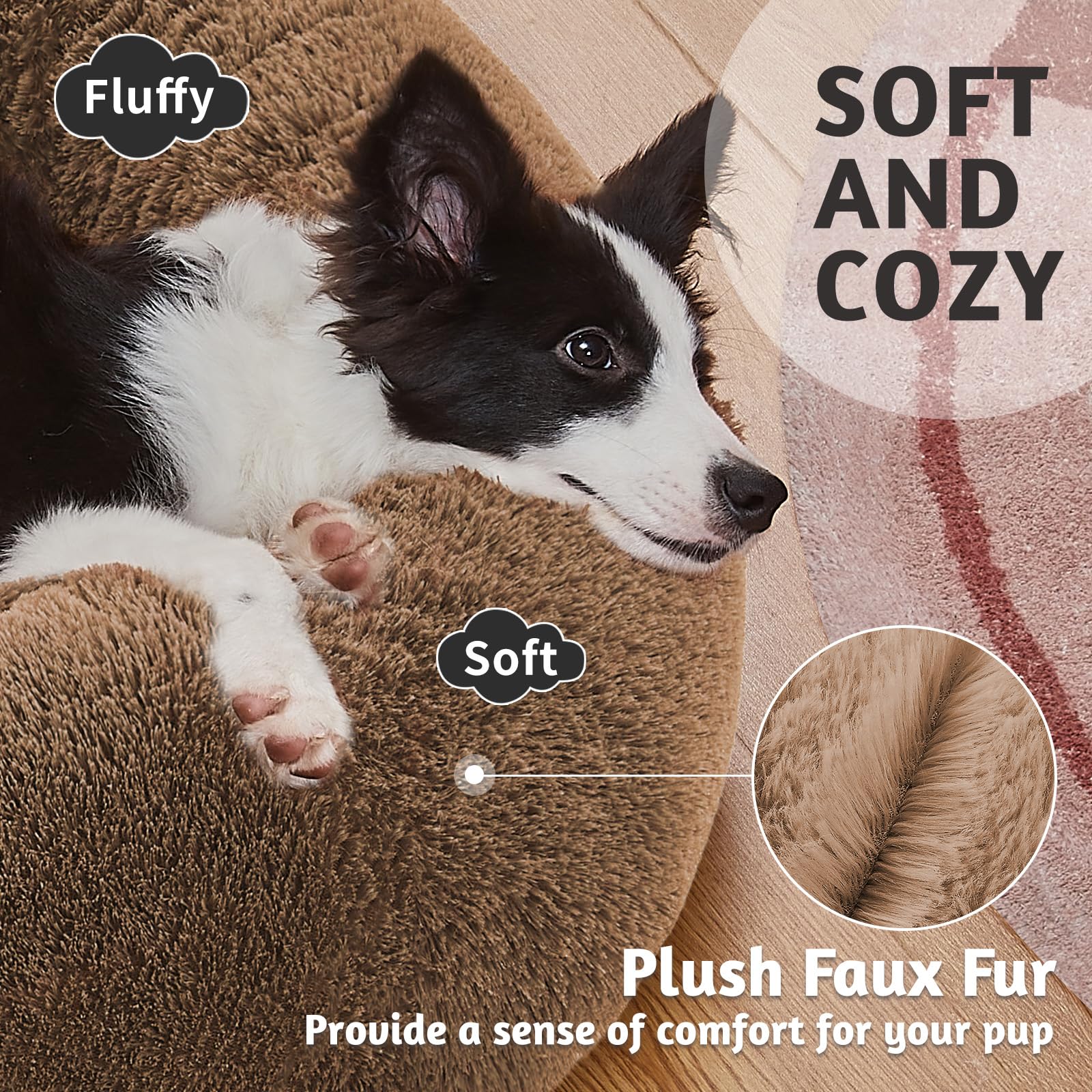 Ohgeni Calming Donut Dog & Cat Bed, Machine Washable Plush Waterproof Zipper Cover, Anti-Slip Round Cuddle Comfort Pet Bed, Cozy Warming Fluffy Faux Fur Bed For Medium Large Dogs, Ocher, 36 Inches