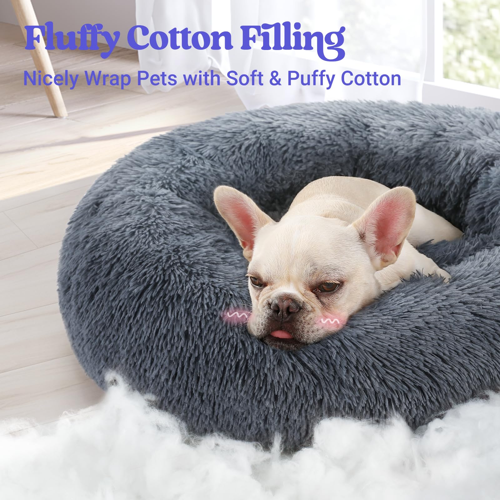 Rabbitgoo Cat Beds For Indoor Cats, 24 Inches Cat Bed Machine Washable, Fluffy Round Pet Bed Non-Slip, Calming Soft Plush Donut Cuddler Cushion Self Warming For Small Dogs Kittens, Dark Grey, Large