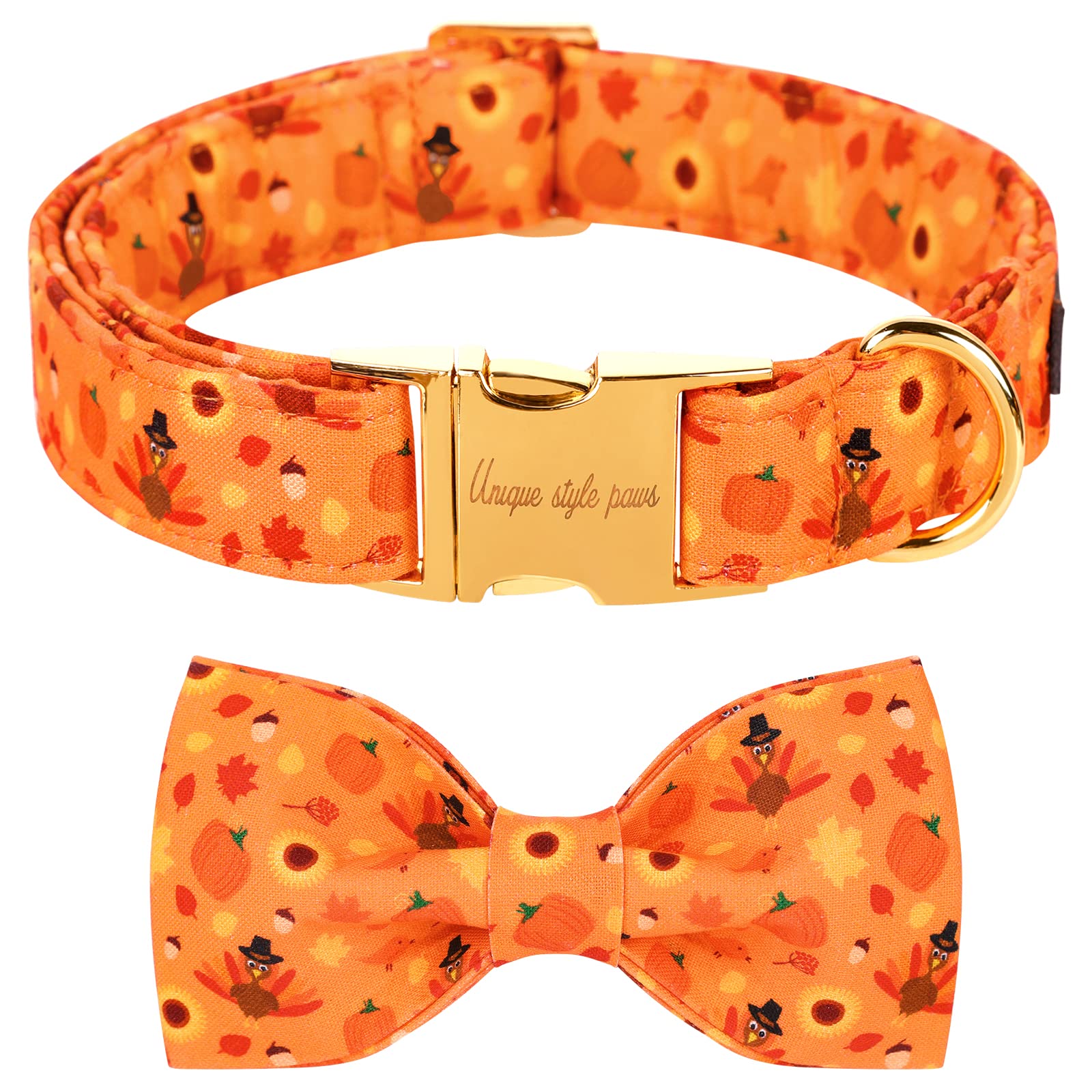 Unique Style Paws Halloween& Dog Collar With Bow Tie Pumpkin Cotton Collar Adjustable Puppy Collar Best Thanksgiving Gift For Small Medium Large Dogs-Turkey & Pumpkin Theme-M