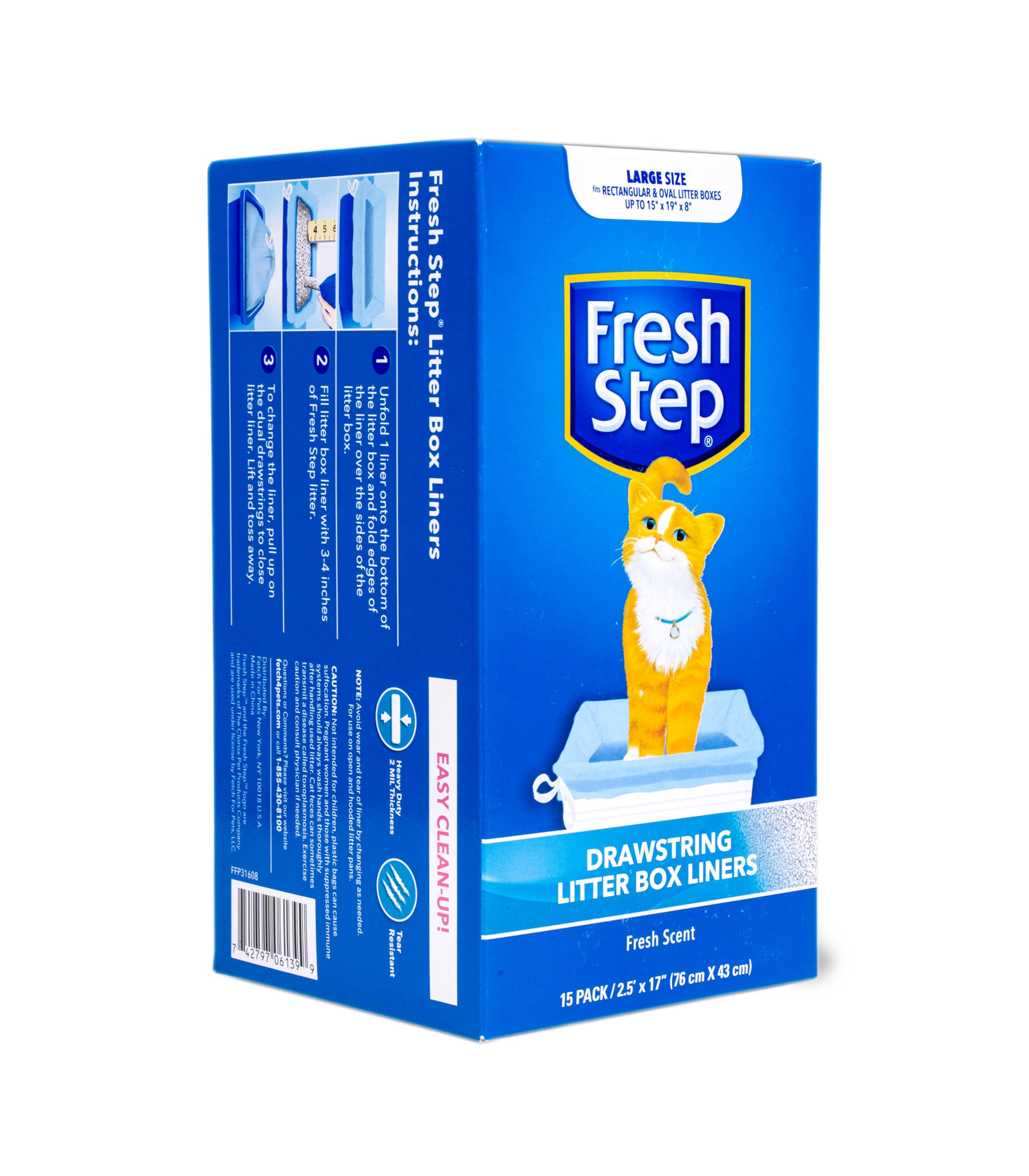 Fresh Step Drawstring Cat Litter Box Liners, Fresh Scent, Size Large, 30' X 17' | Kitty Litter Bags - 15 Count - Cat Litter Liners For Rectangle Or Oval Litterboxes