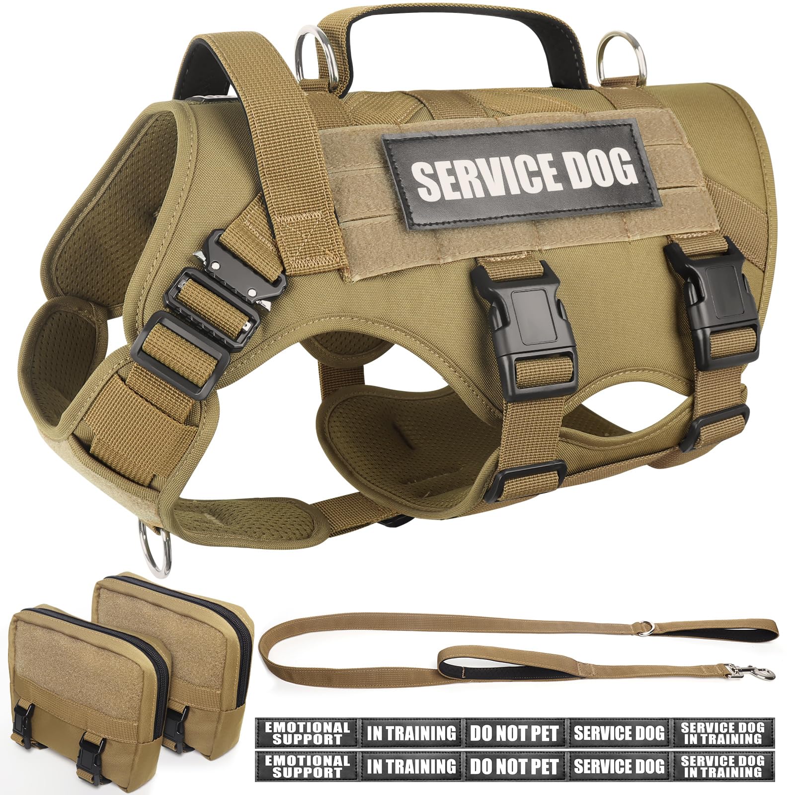 WINSEE Tactical Dog Harness with Dog Leash, Service Working MOLLE Vest with 10 Pet Patches for Medium Dog, No Pull Military Harn