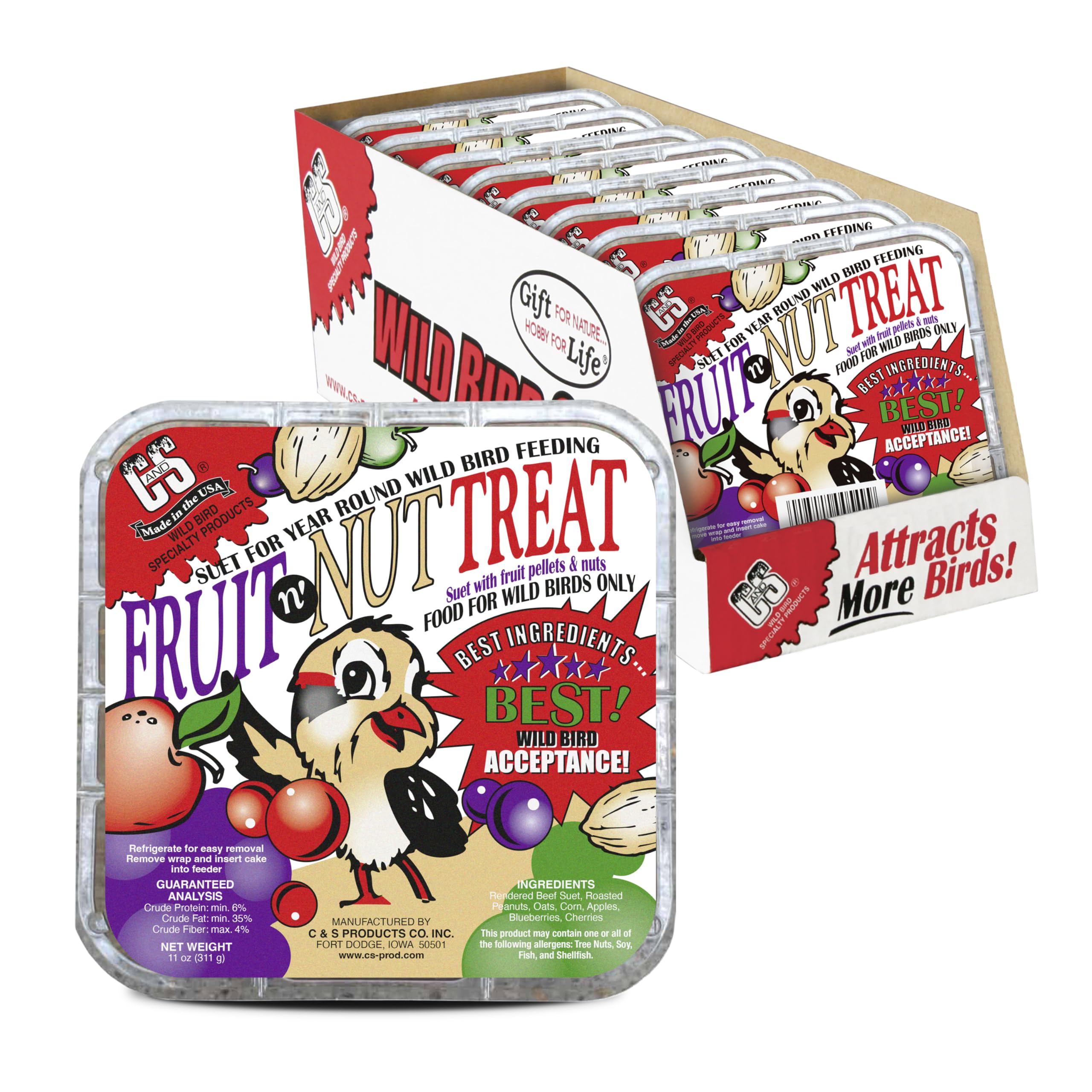 C&S Fruit n Nut Suet Treat, Suet Cakes for Wild Birds Including Robins, Blue Jays, Bluebirds, Tanagers, Thrushes and More, 8 Pac