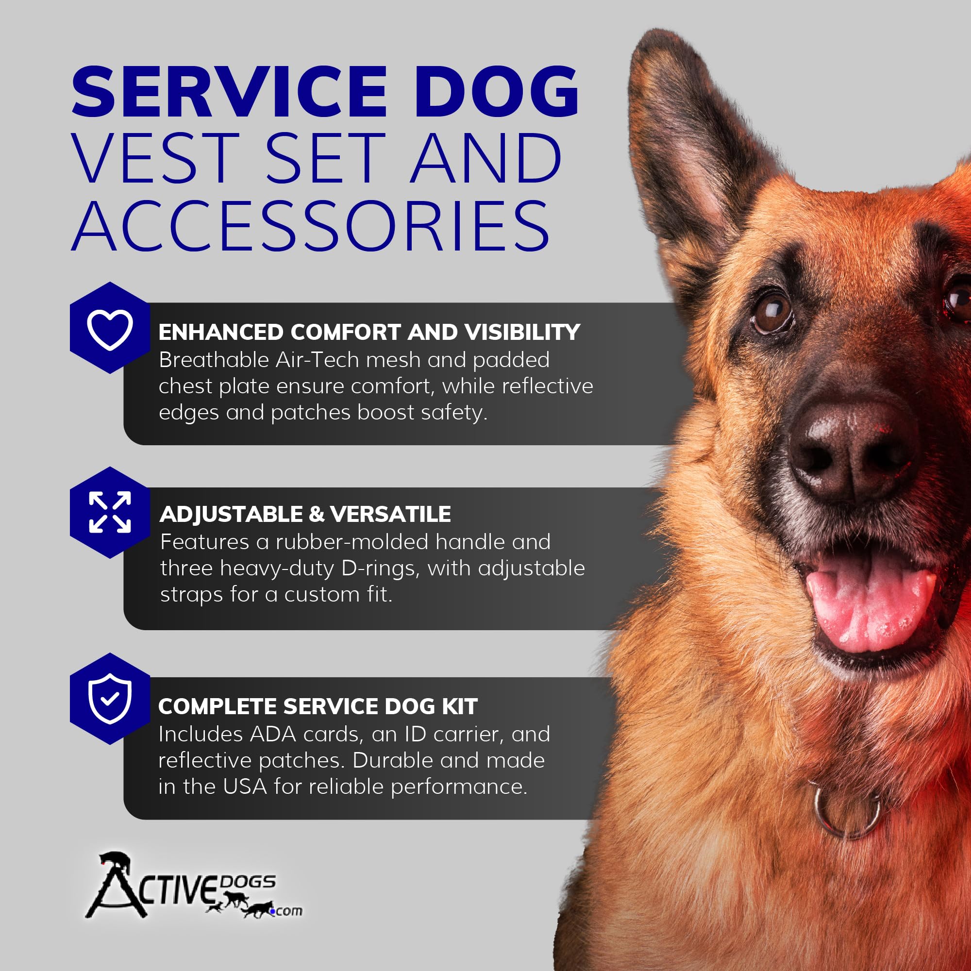 Activedogs Service Dog Vest Harness + Clip-On Bridge Handle + Id Card Carrier + Ada Cards + Reflective Service Dog Patches - Large Service Dog Harness Vest For Large Dogs (Girth 25”-35”) Royal Blue