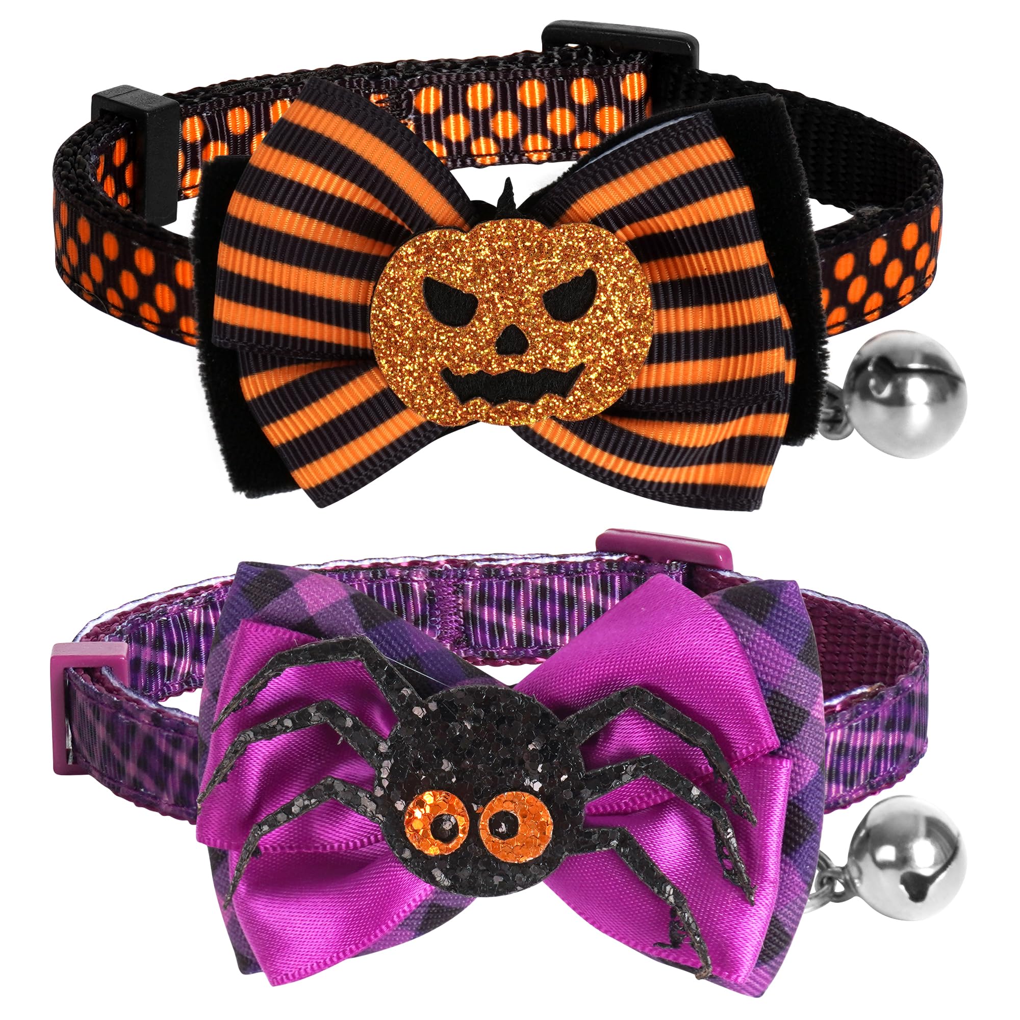 Azuza Halloween Cat Collar Breakaway With Bell 2 Pack Bow Tie Cat Collar With Cute Sequined Pumpkin & Spider Cat Collar For Halloween Party Adjustable From 8' - 12'