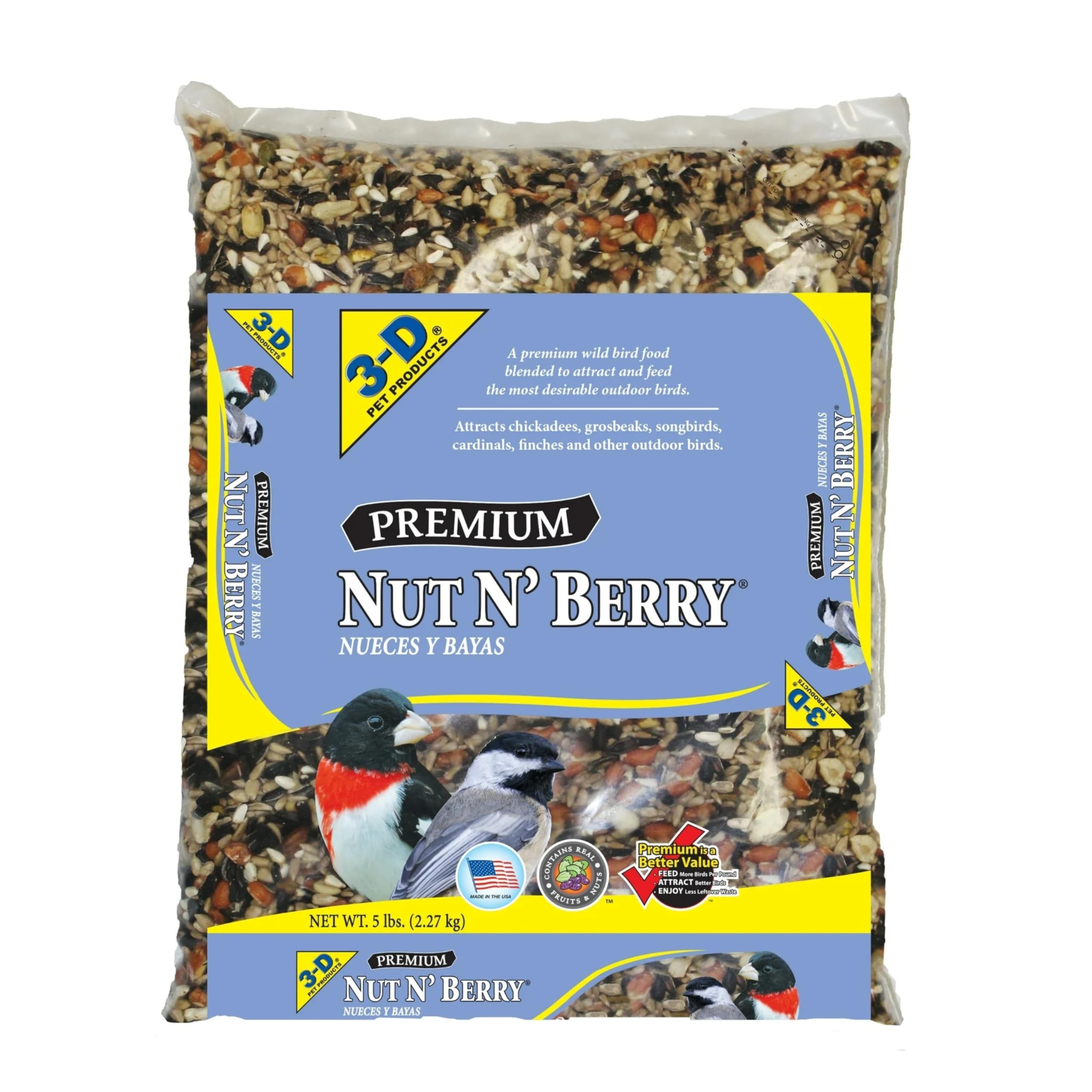 3-D Premium Nut N Berry Wild Bird Food - Real Fruits, Nuts & Sunflower - No Fillers - Fortified with Vitamins & Electrolytes - 