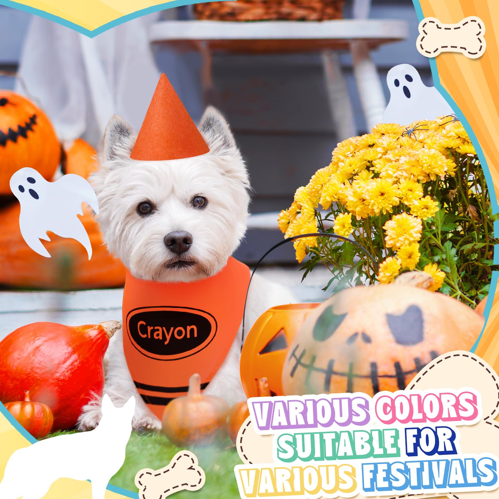 Huhumy 8 Set Halloween Dog Bandanas Costume Crayon Pet Bandana Hat Set Halloween Dog Costume Crayon Triangle Scarf Adjustable Ho