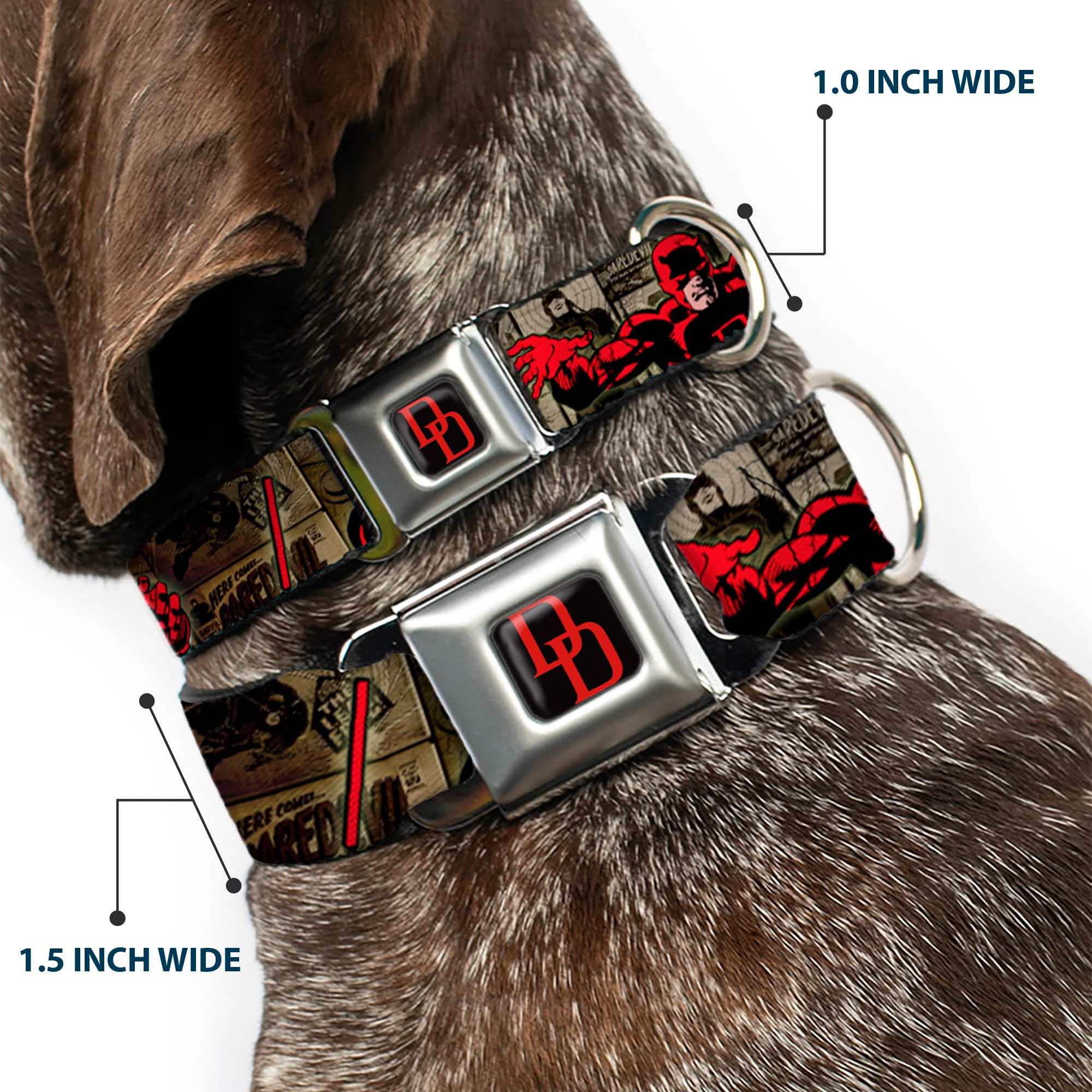 Buckle-Down Seatbelt Buckle Dog Collar - Daredevil Action Poses/Comic Panels Grays/Red - 1.5'' Wide - Fits 13-18'' Neck - Small