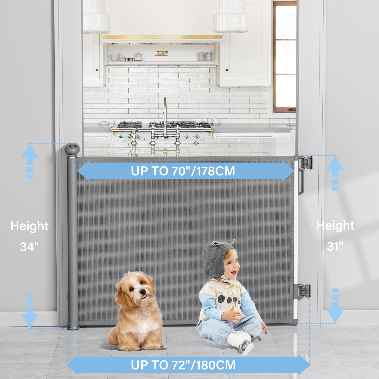 Retractable Baby Gates For Stairs, Probebi Retractable Dog Gate Indoor Extends To 72' Wide 34' Tall, Child Gates For Doorways, Stair Gate Use For Outdoor, Hallways, Doorways, Deck, Porch