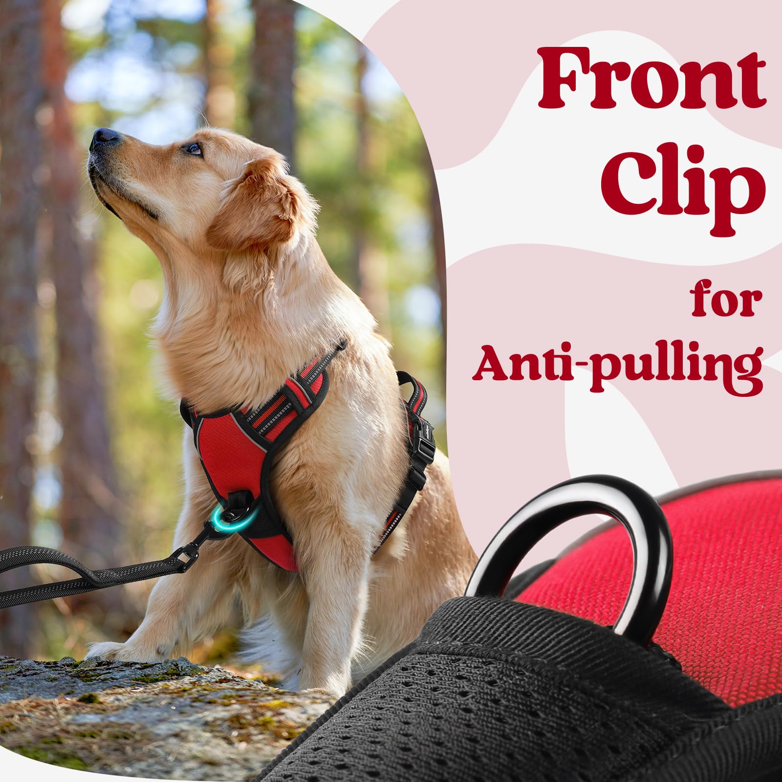 Rabbitgoo Dog Harness Medium Sized, No Pull Pet Harness With 3 Buckles, Adjustable Soft Padded Pooch Vest With Instant Control Handle, Easy Walking Reflective Pet Vest For Medium Dogs, Red, M
