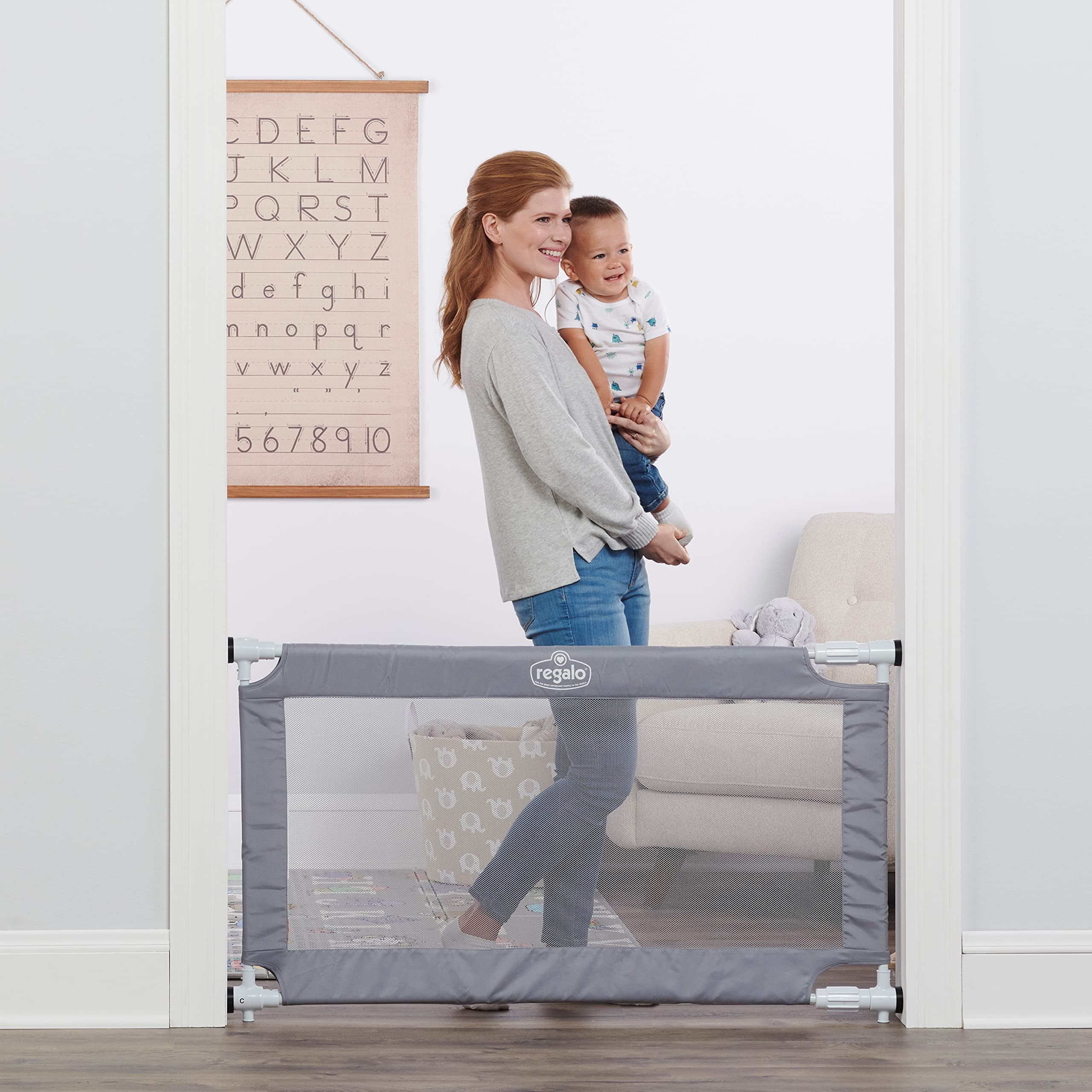 Regalo 50'' Extra Wide Gray Expandable Mesh Gate, Pressure Mounted, Includes Rubber Bumpers to Protect Walls